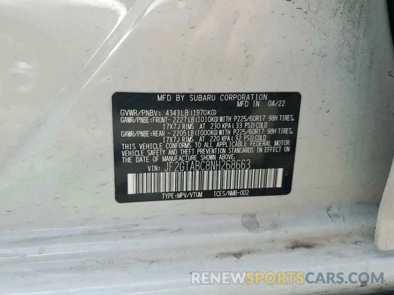 12 Фотография поврежденного автомобиля JF2GTABC8NH268663 SUBARU CROSSTREK 2022