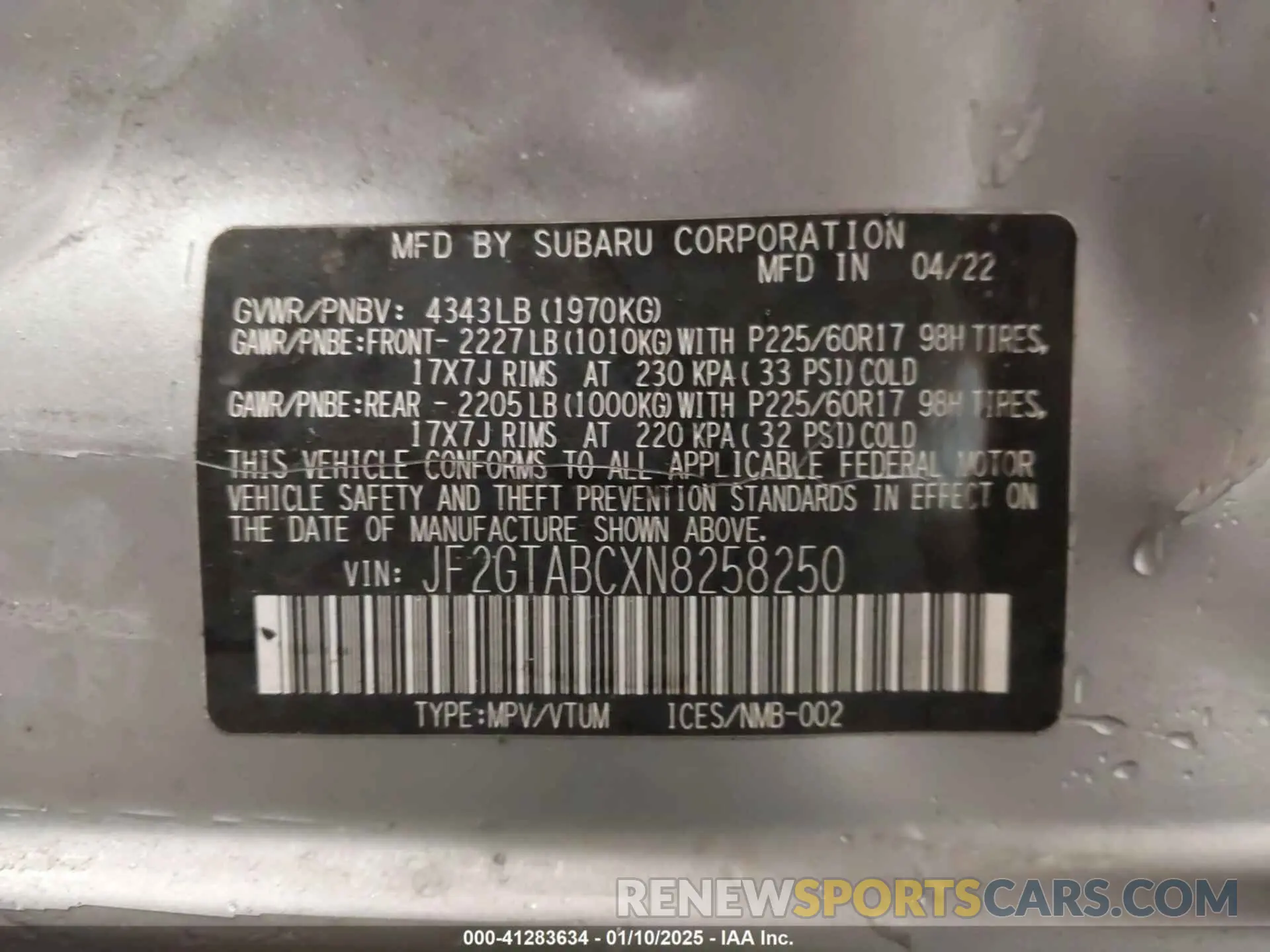 9 Photograph of a damaged car JF2GTABCXN8258250 SUBARU CROSSTREK 2022