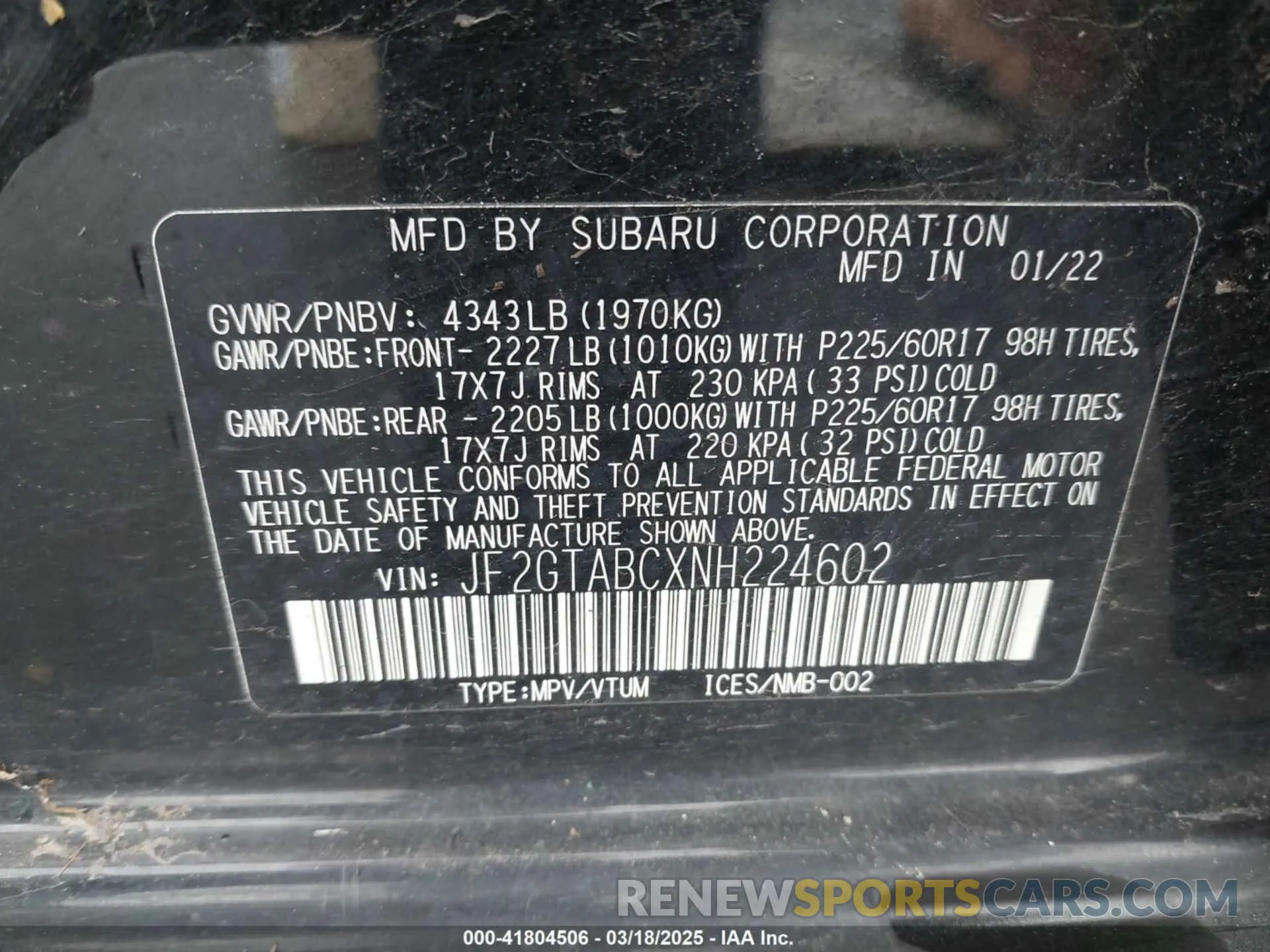 9 Фотография поврежденного автомобиля JF2GTABCXNH224602 SUBARU CROSSTREK 2022