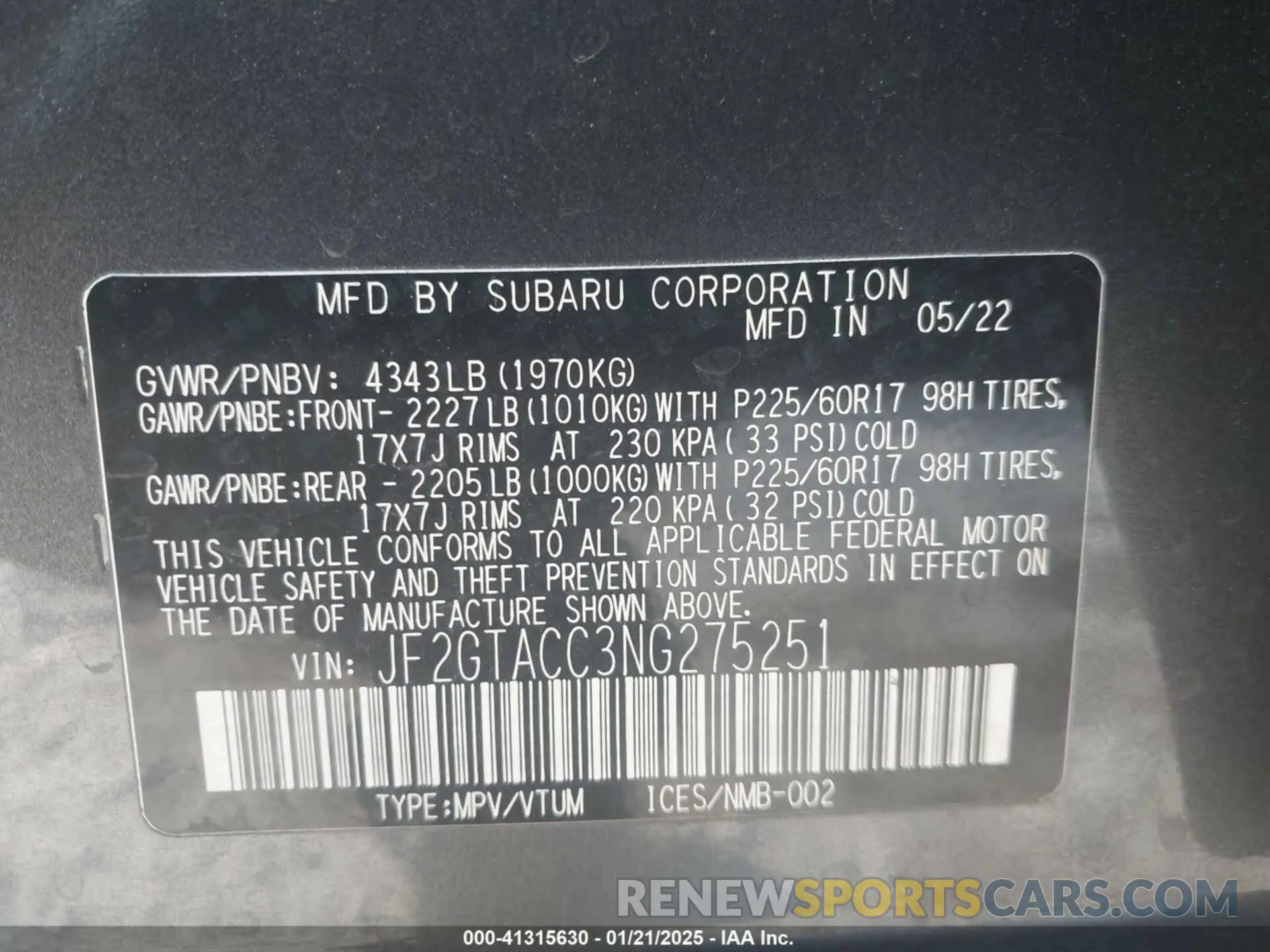 9 Photograph of a damaged car JF2GTACC3NG275251 SUBARU CROSSTREK 2022
