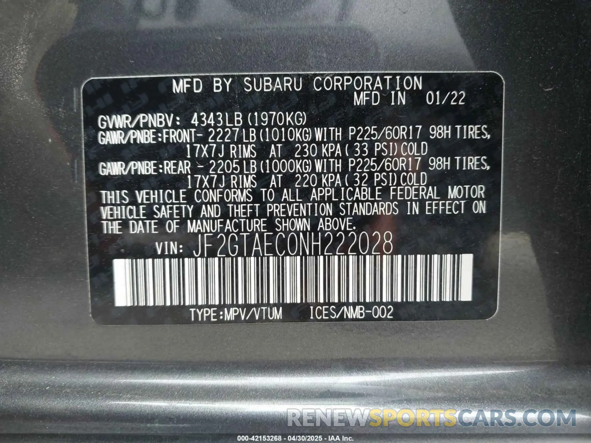 9 Фотография поврежденного автомобиля JF2GTAEC0NH222028 SUBARU CROSSTREK 2022