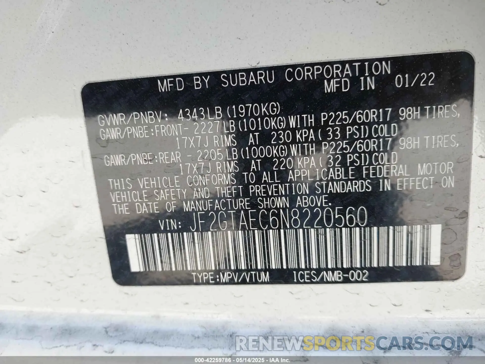 9 Фотография поврежденного автомобиля JF2GTAEC6N8220560 SUBARU CROSSTREK 2022