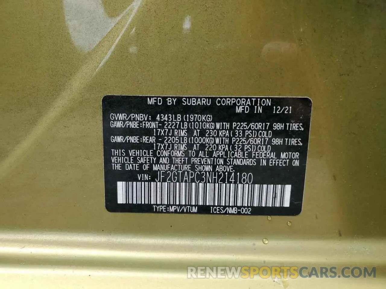 12 Фотография поврежденного автомобиля JF2GTAPC3NH214180 SUBARU CROSSTREK 2022