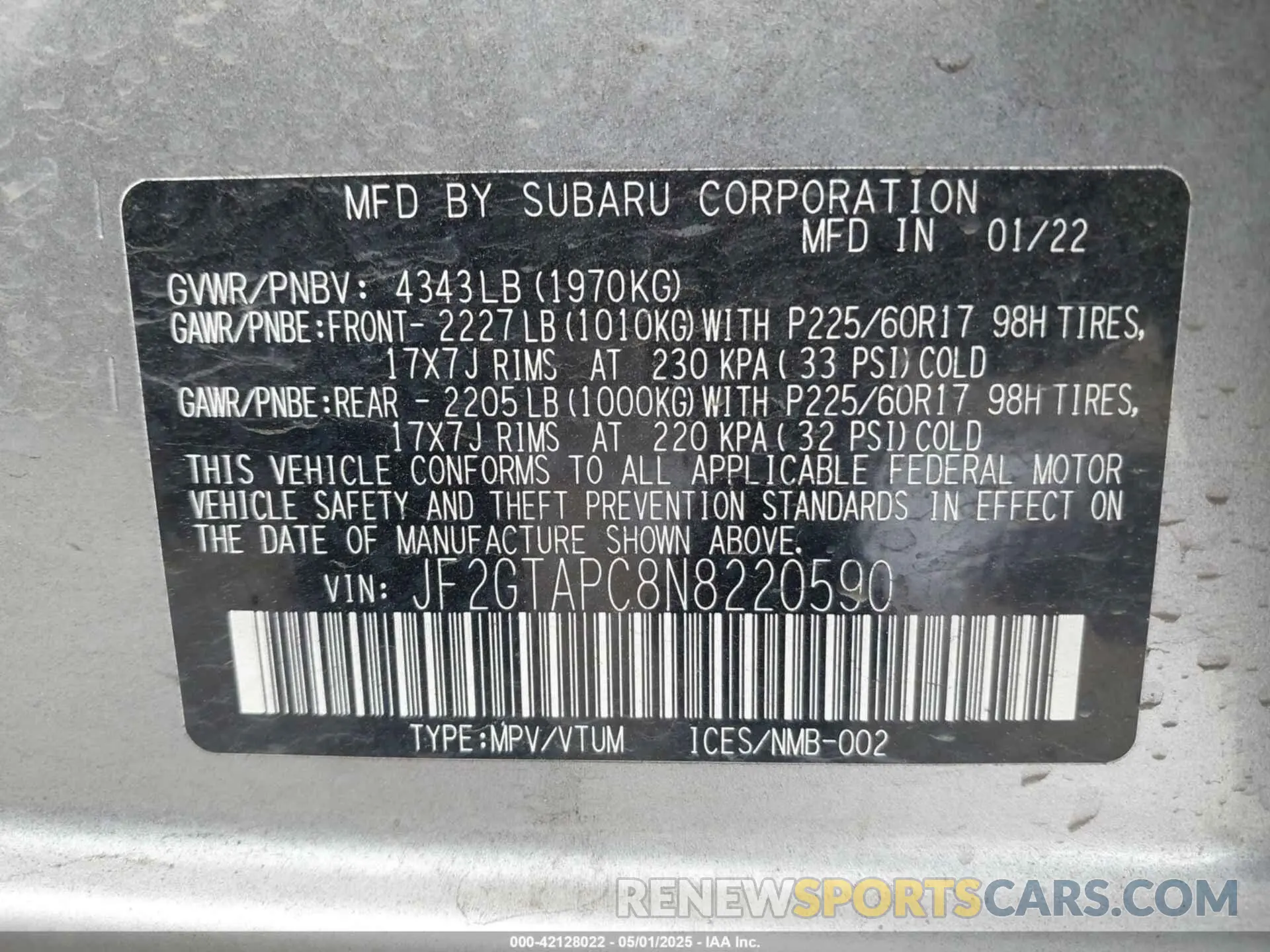 9 Photograph of a damaged car JF2GTAPC8N8220590 SUBARU CROSSTREK 2022
