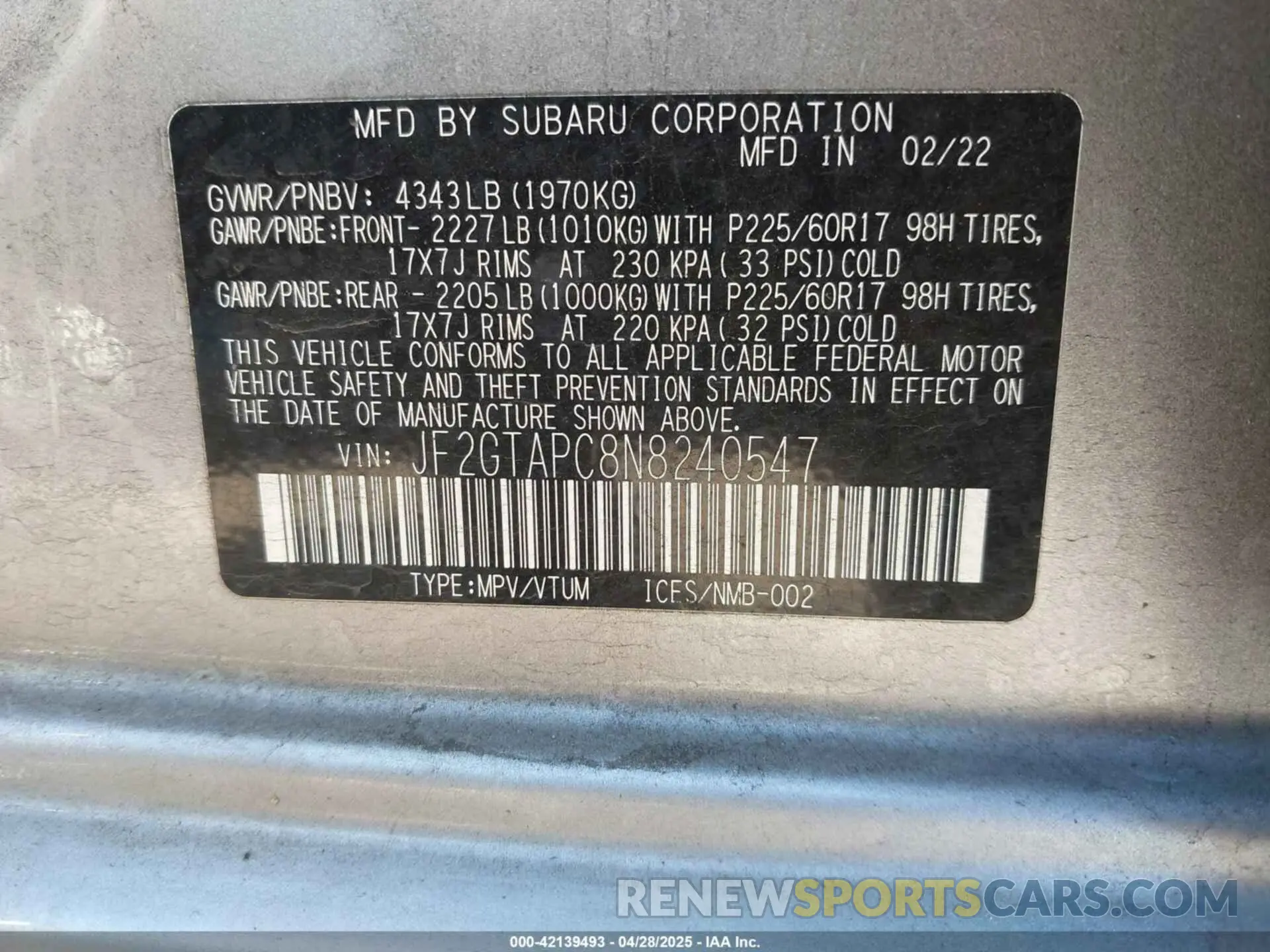 9 Фотография поврежденного автомобиля JF2GTAPC8N8240547 SUBARU CROSSTREK 2022