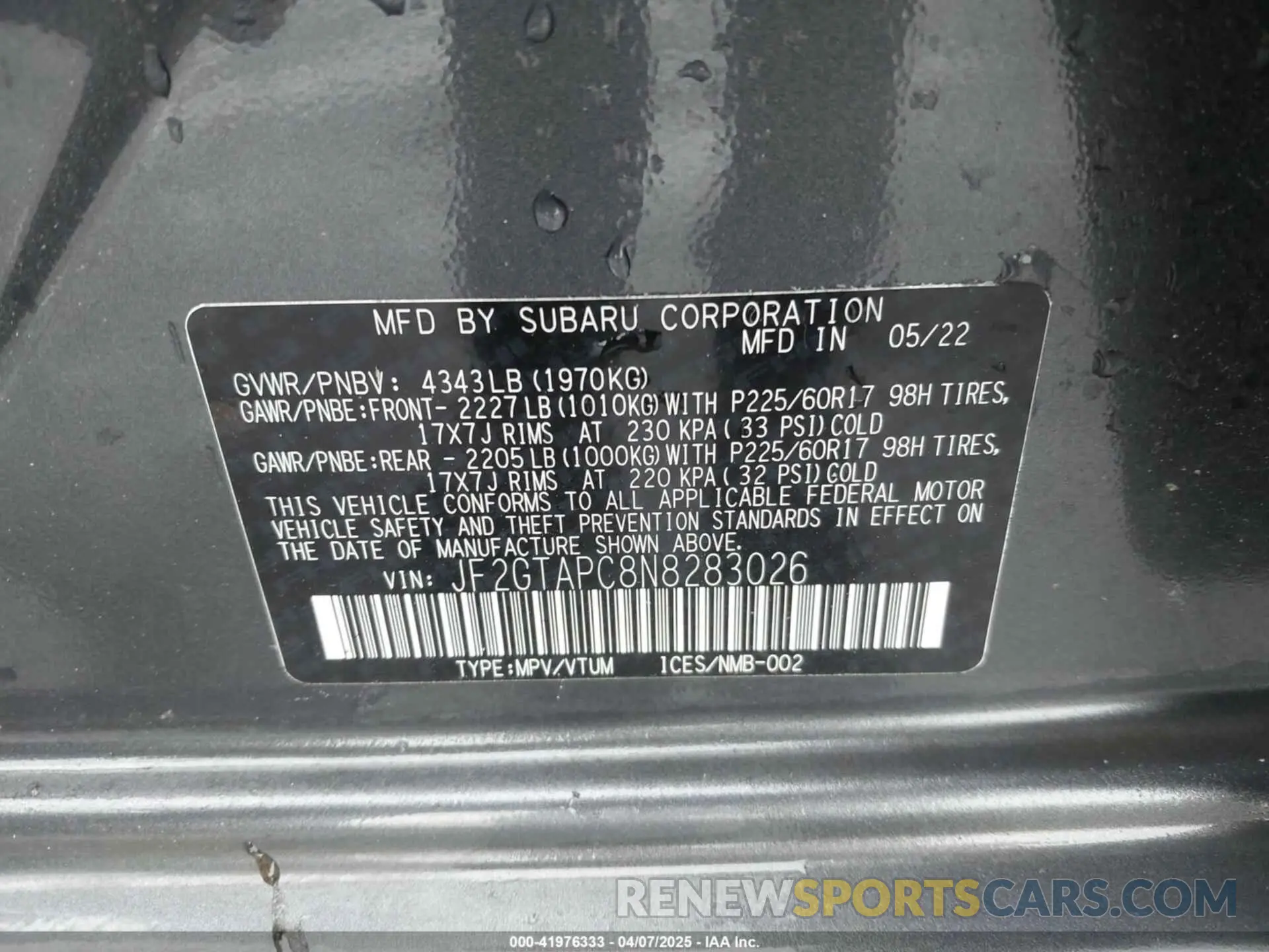 9 Фотография поврежденного автомобиля JF2GTAPC8N8283026 SUBARU CROSSTREK 2022