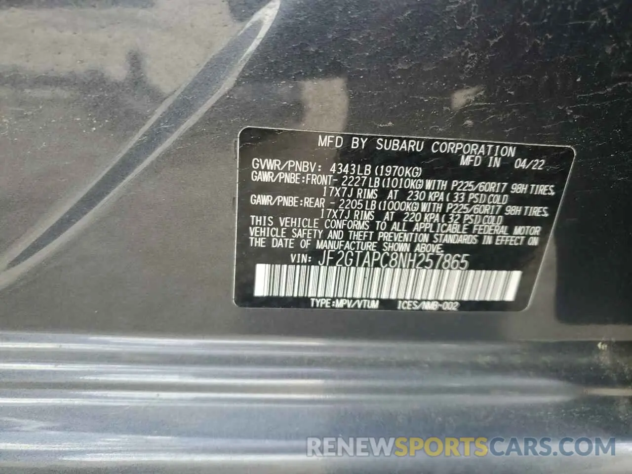 12 Photograph of a damaged car JF2GTAPC8NH257865 SUBARU CROSSTREK 2022