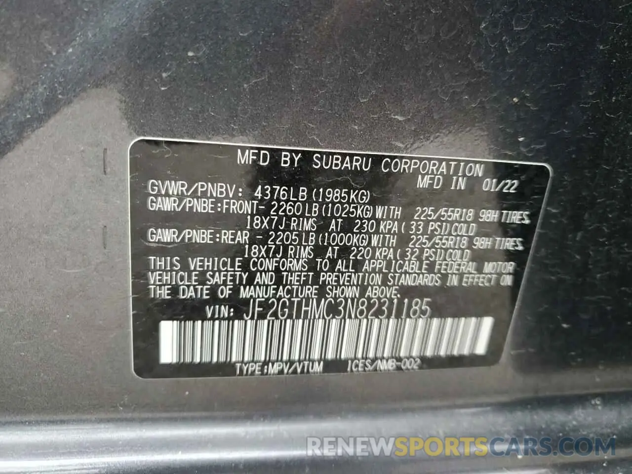 13 Фотография поврежденного автомобиля JF2GTHMC3N8231185 SUBARU CROSSTREK 2022