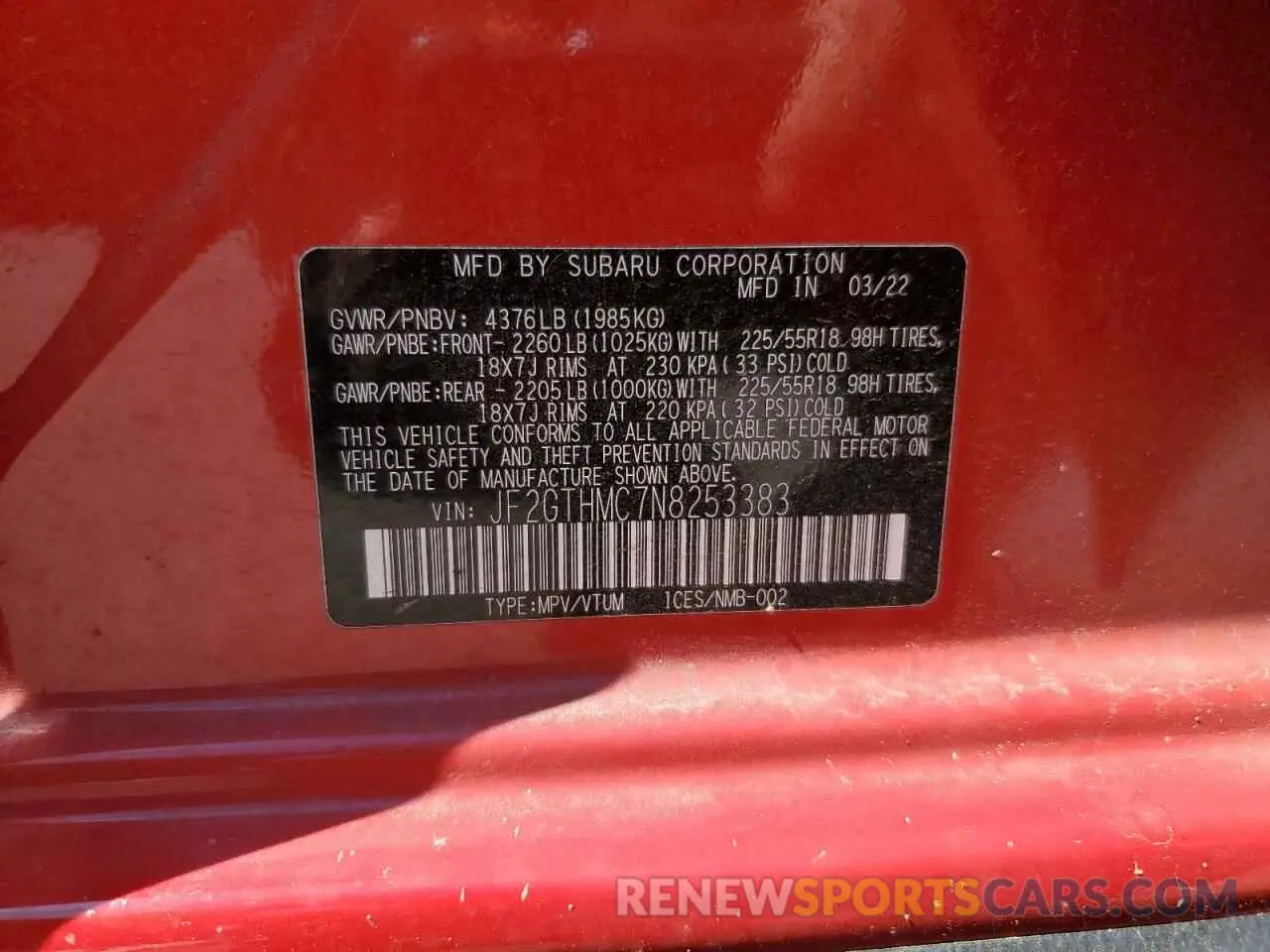 14 Фотография поврежденного автомобиля JF2GTHMC7N8253383 SUBARU CROSSTREK 2022