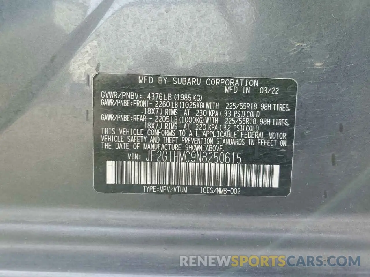 14 Photograph of a damaged car JF2GTHMC9N8250615 SUBARU CROSSTREK 2022