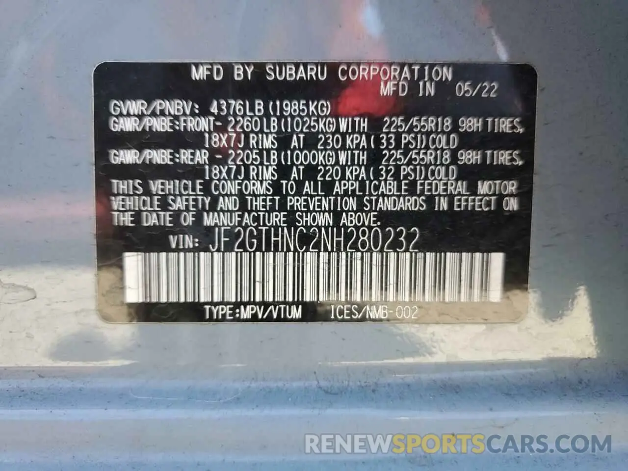 12 Фотография поврежденного автомобиля JF2GTHNC2NH280232 SUBARU CROSSTREK 2022