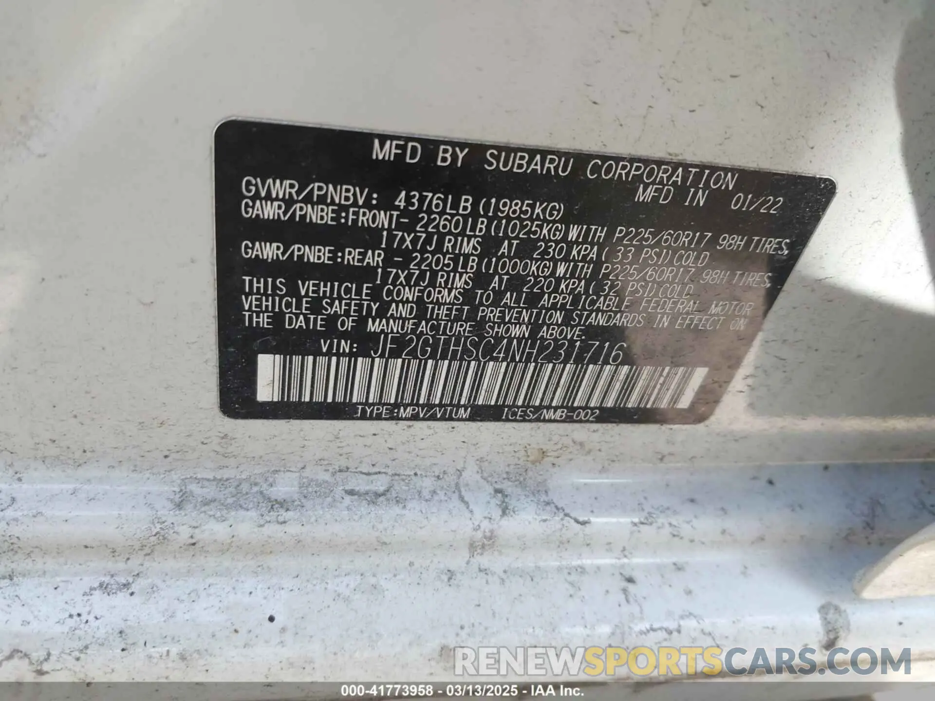 9 Photograph of a damaged car JF2GTHSC4NH231716 SUBARU CROSSTREK 2022