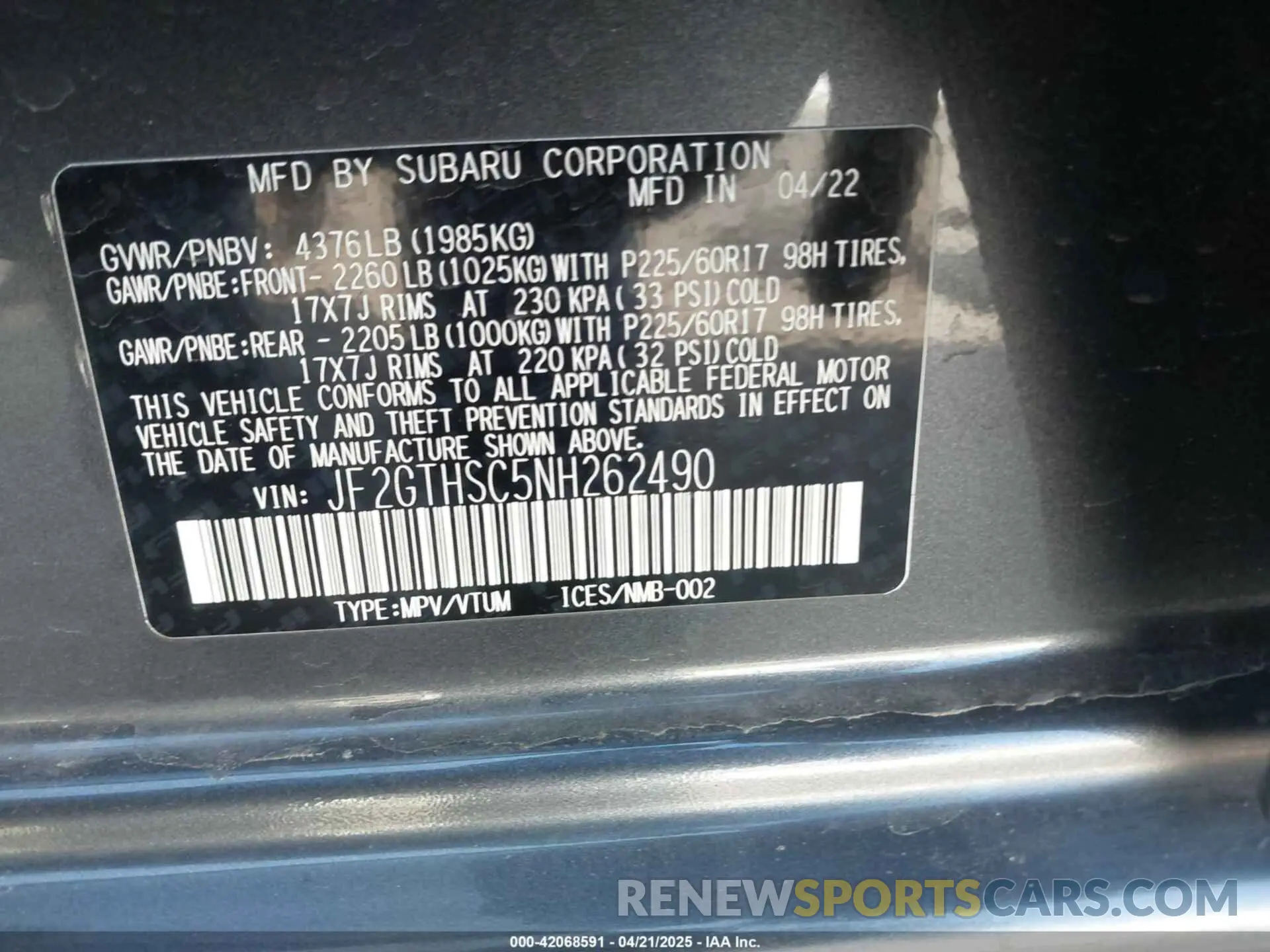 9 Фотография поврежденного автомобиля JF2GTHSC5NH262490 SUBARU CROSSTREK 2022