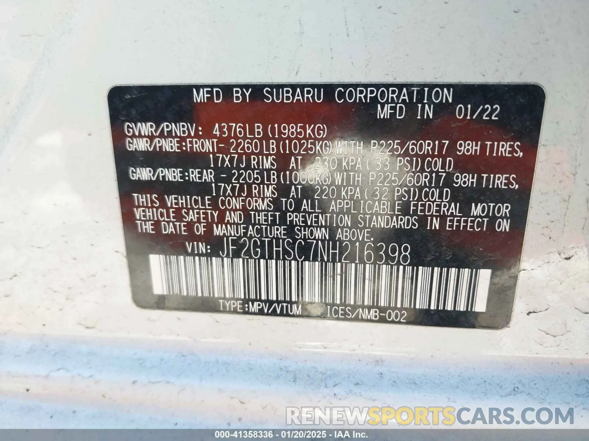 9 Фотография поврежденного автомобиля JF2GTHSC7NH216398 SUBARU CROSSTREK 2022