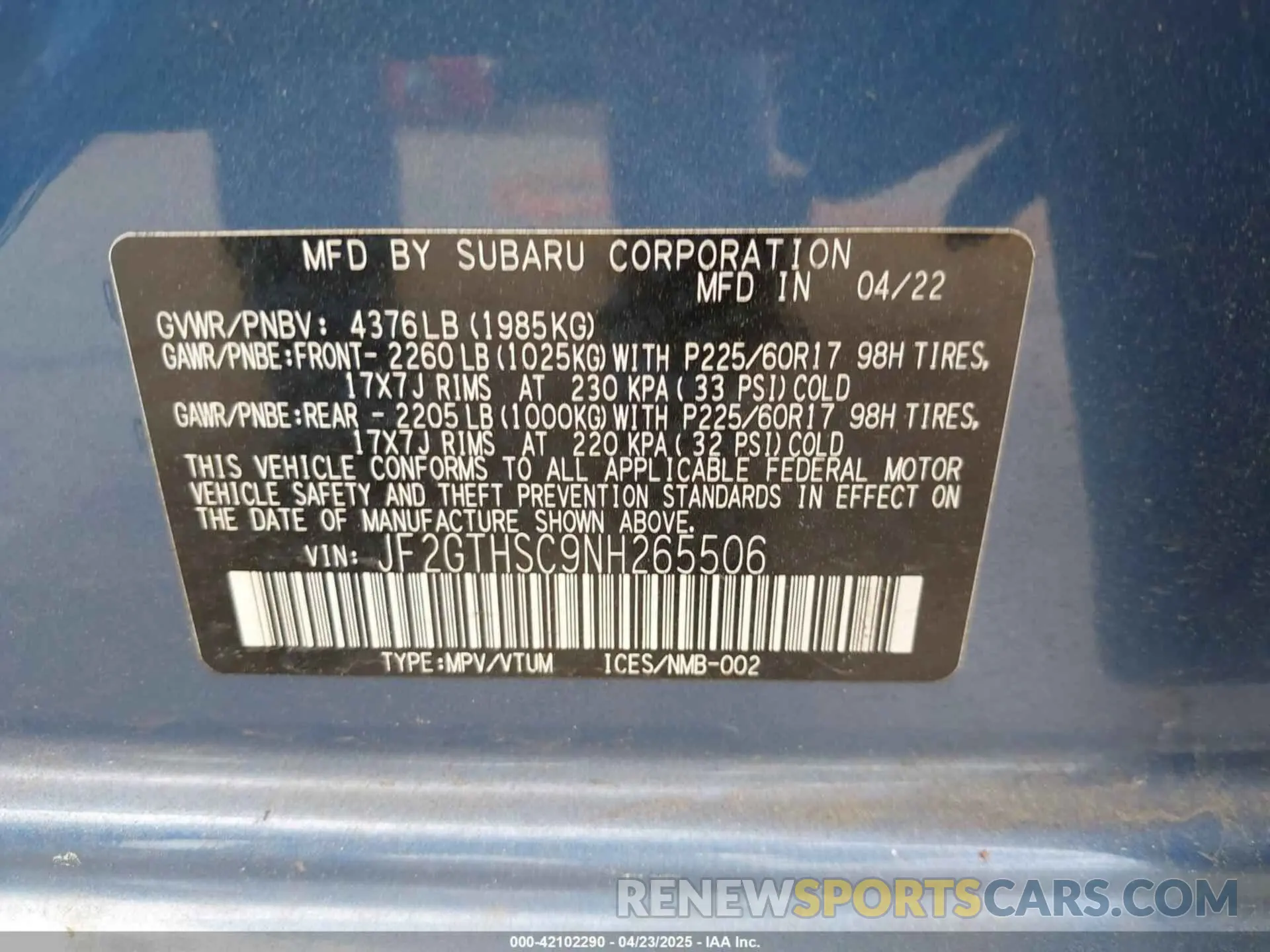 9 Фотография поврежденного автомобиля JF2GTHSC9NH265506 SUBARU CROSSTREK 2022