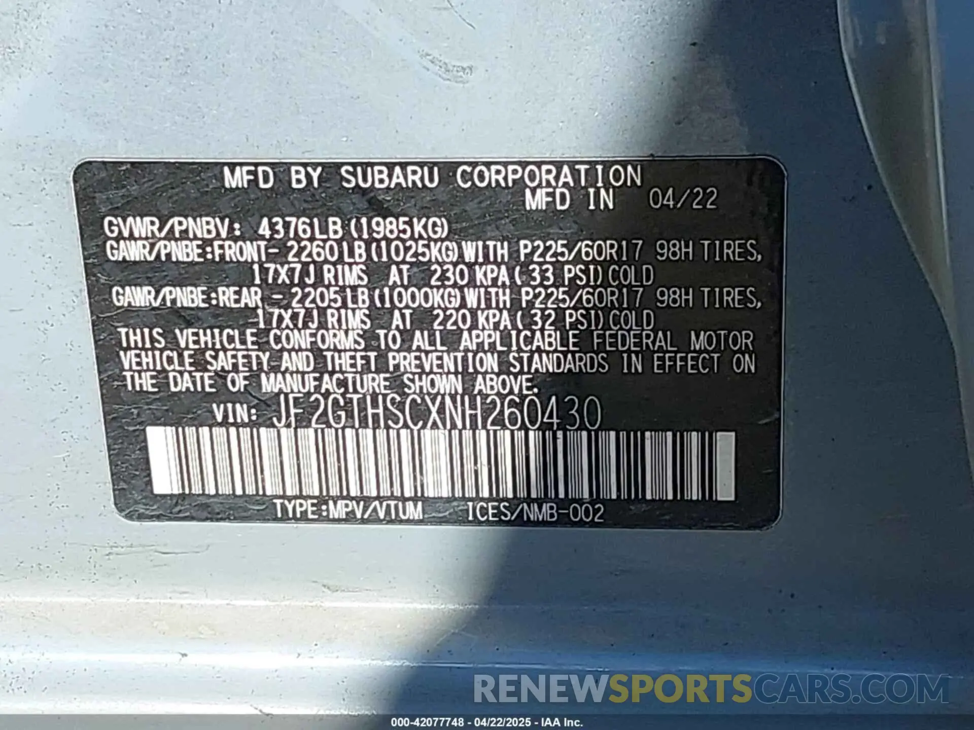 9 Photograph of a damaged car JF2GTHSCXNH260430 SUBARU CROSSTREK 2022