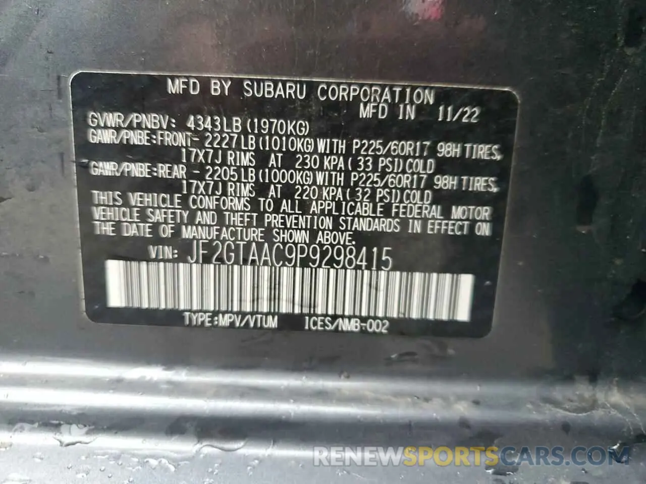 14 Фотография поврежденного автомобиля JF2GTAAC9P9298415 SUBARU CROSSTREK 2023