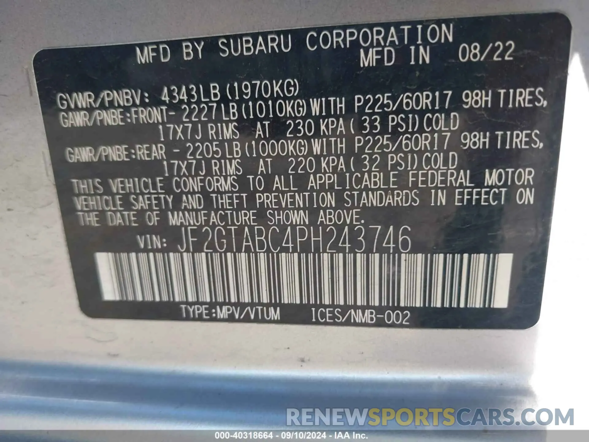 9 Фотография поврежденного автомобиля JF2GTABC4PH243746 SUBARU CROSSTREK 2023