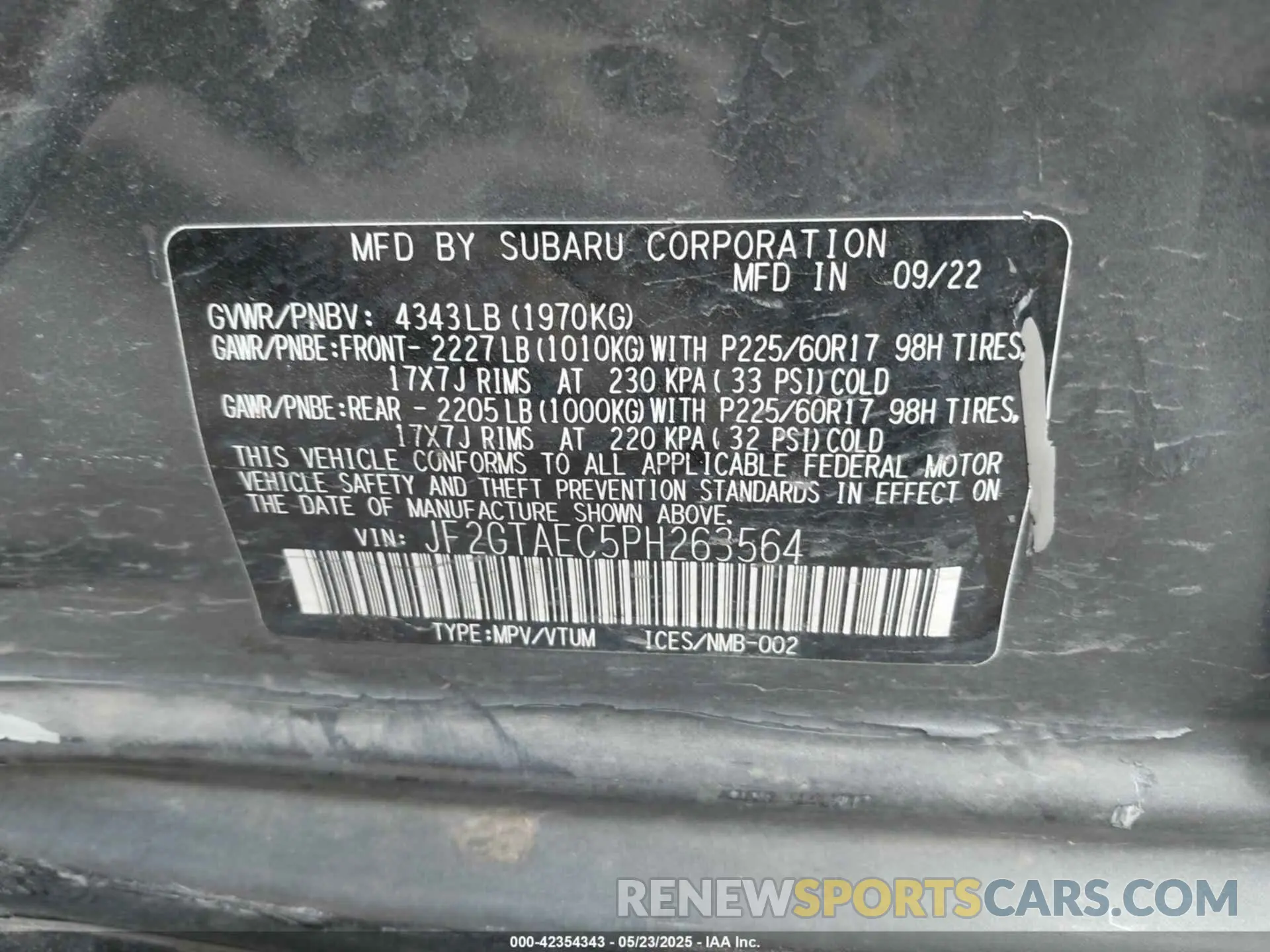 9 Фотография поврежденного автомобиля JF2GTAEC5PH263564 SUBARU CROSSTREK 2023