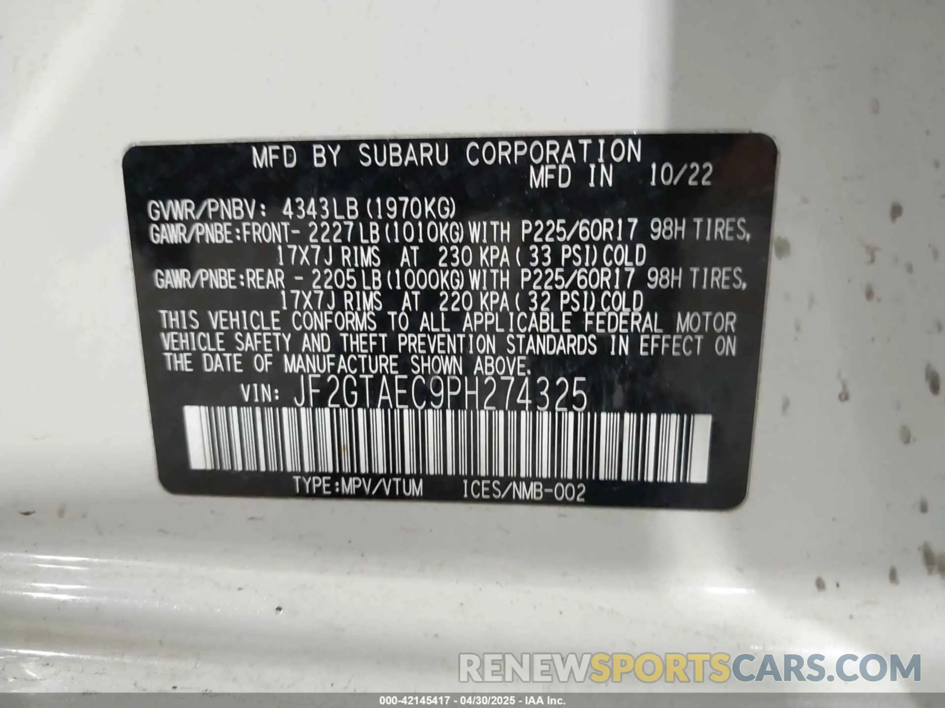9 Photograph of a damaged car JF2GTAEC9PH274325 SUBARU CROSSTREK 2023