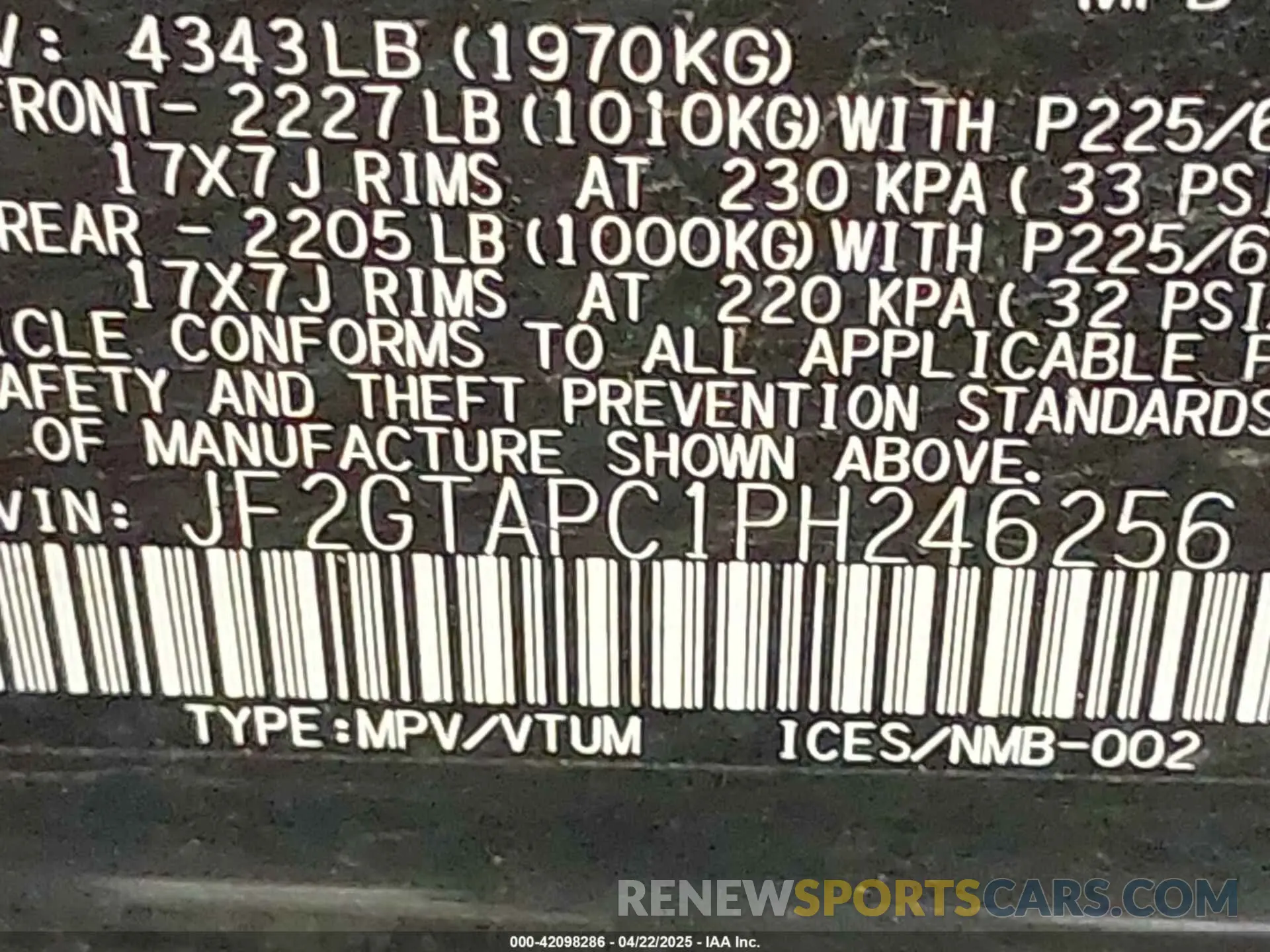9 Фотография поврежденного автомобиля JF2GTAPC1PH246256 SUBARU CROSSTREK 2023