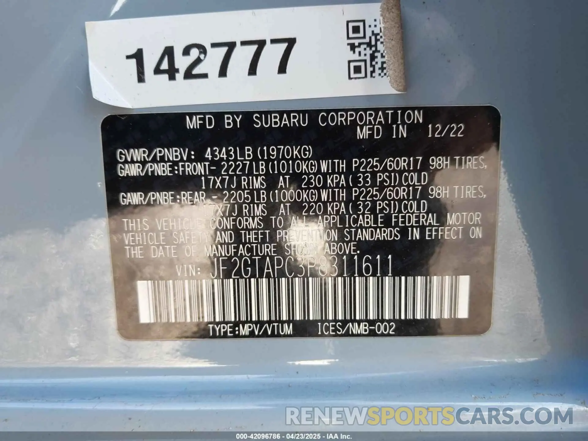 9 Photograph of a damaged car JF2GTAPC3P8311611 SUBARU CROSSTREK 2023