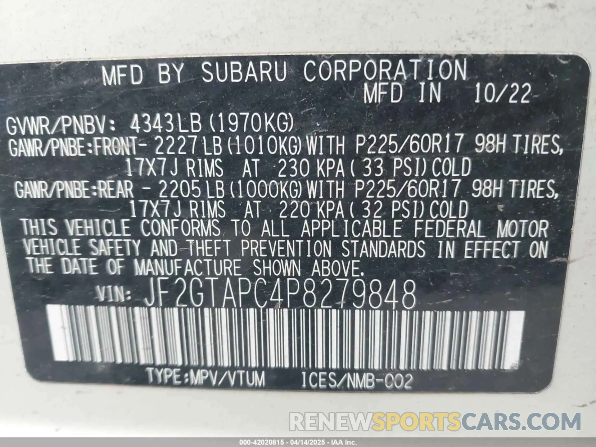 9 Фотография поврежденного автомобиля JF2GTAPC4P8279848 SUBARU CROSSTREK 2023