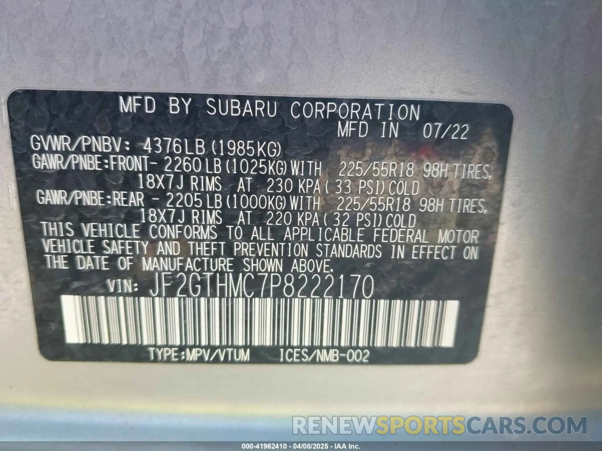 9 Фотография поврежденного автомобиля JF2GTHMC7P8222170 SUBARU CROSSTREK 2023