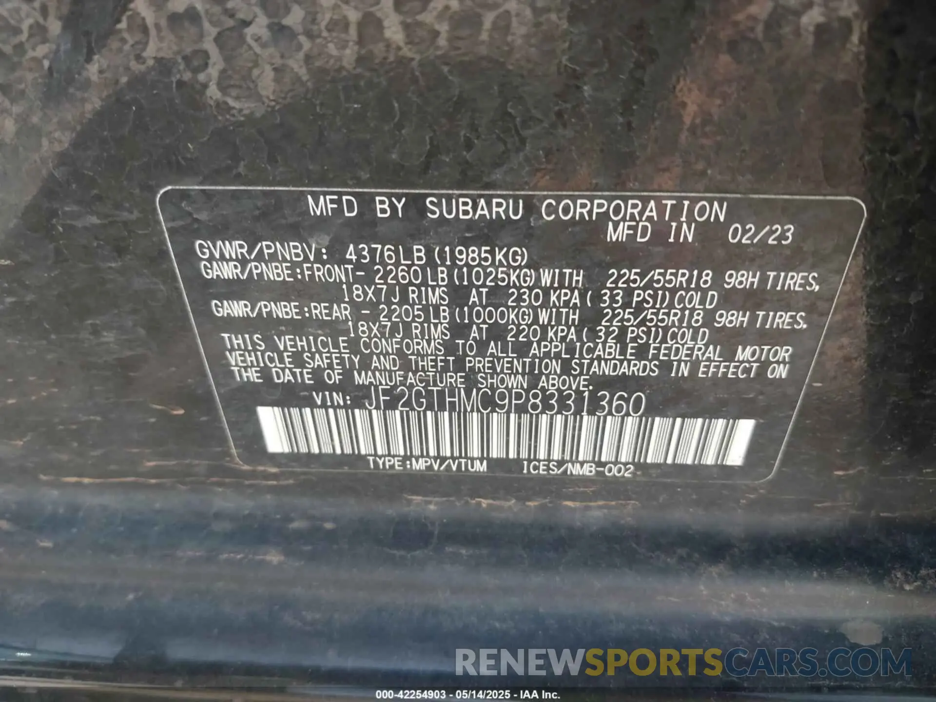 9 Фотография поврежденного автомобиля JF2GTHMC9P8331360 SUBARU CROSSTREK 2023