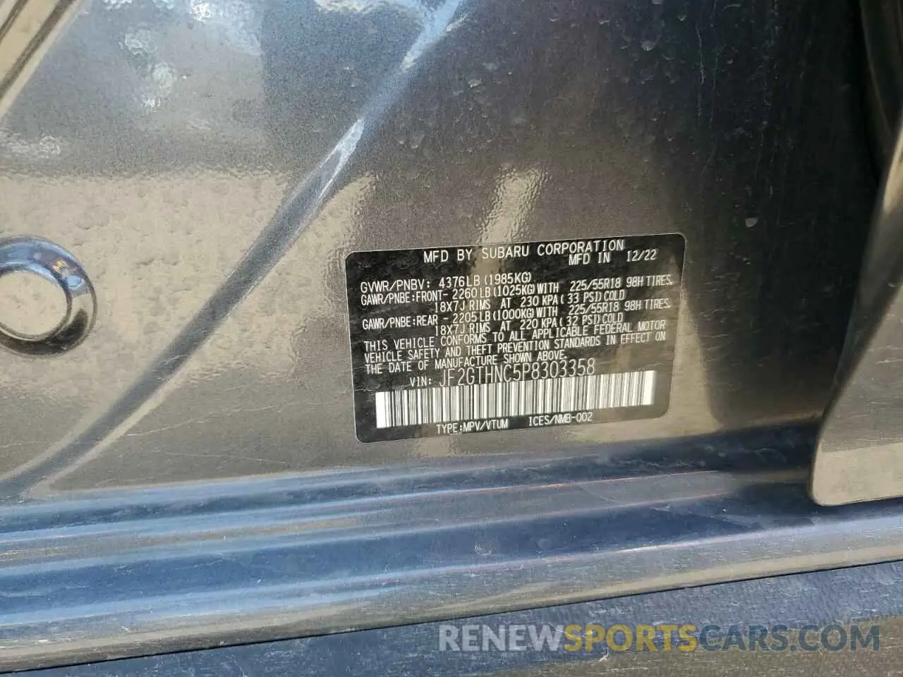 12 Photograph of a damaged car JF2GTHNC5P8303358 SUBARU CROSSTREK 2023