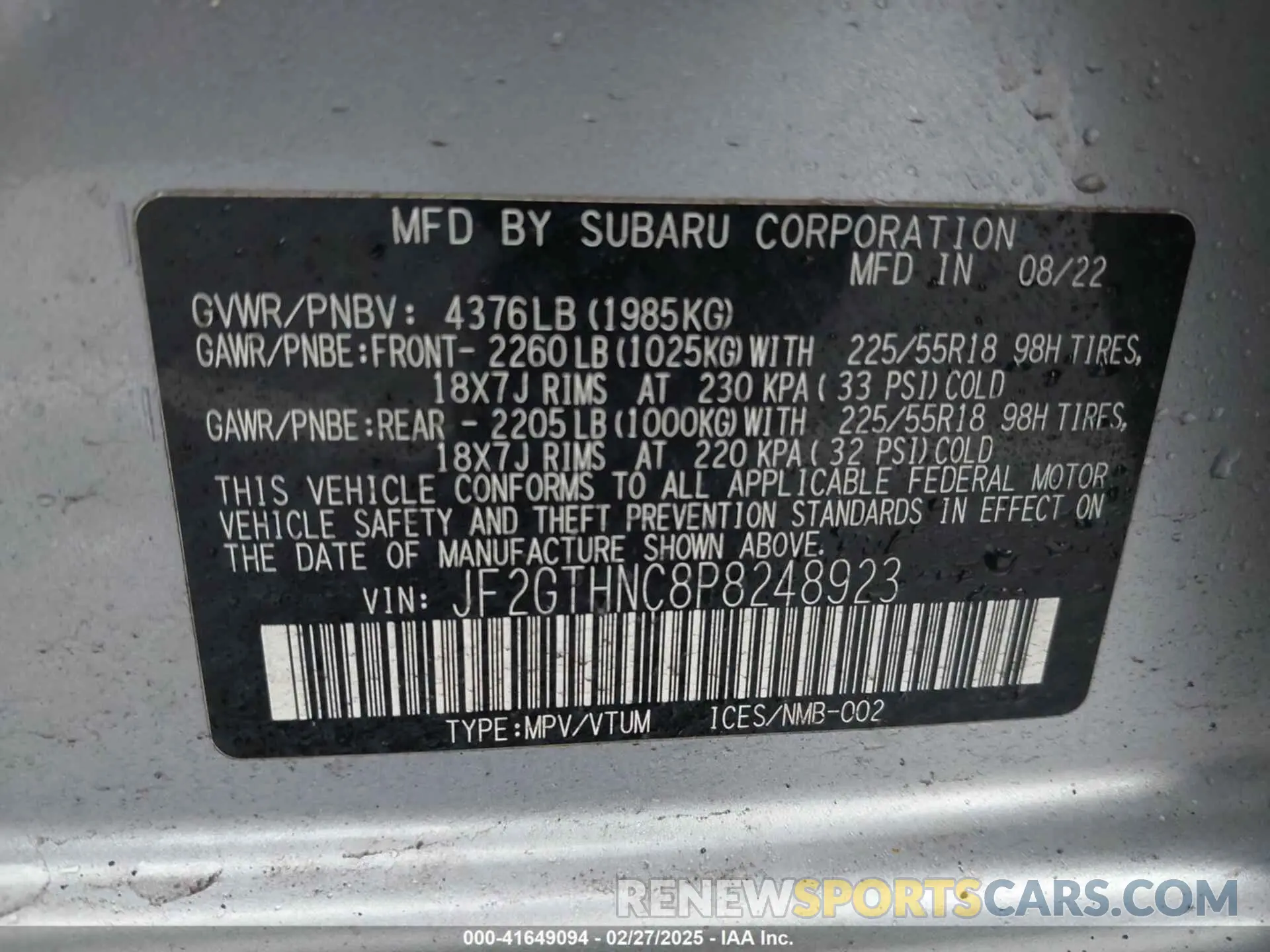 9 Фотография поврежденного автомобиля JF2GTHNC8P8248923 SUBARU CROSSTREK 2023
