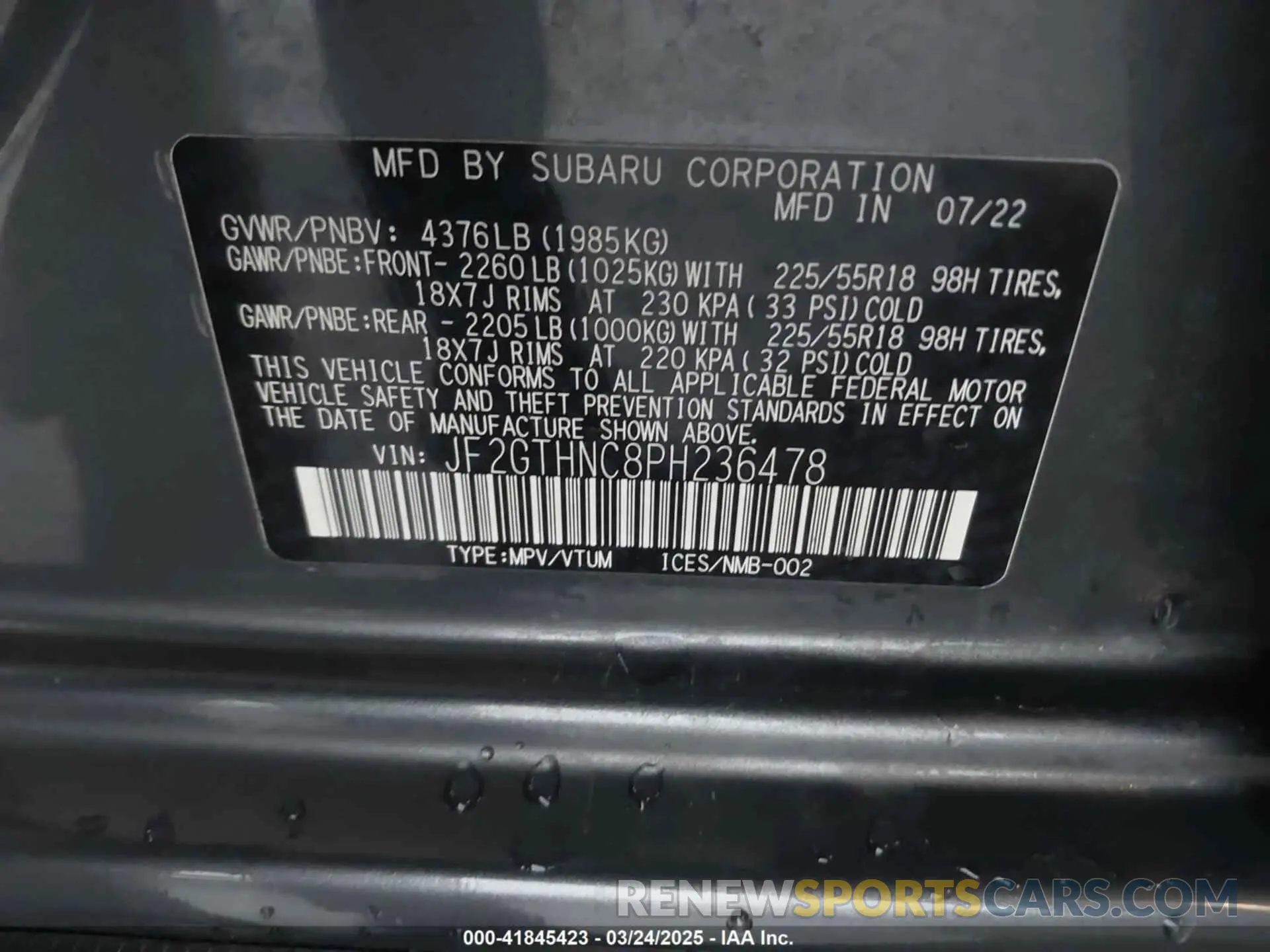 9 Фотография поврежденного автомобиля JF2GTHNC8PH236478 SUBARU CROSSTREK 2023