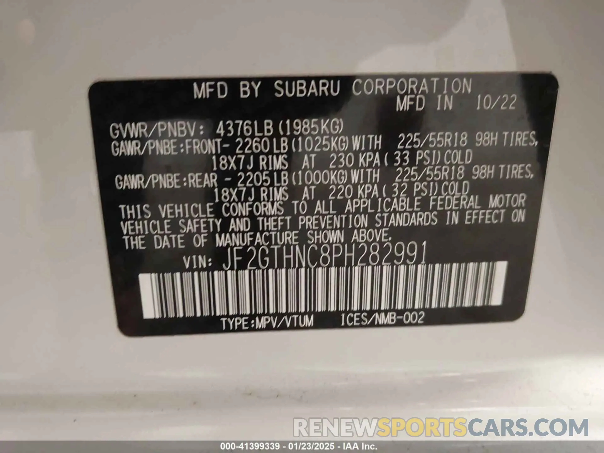 9 Фотография поврежденного автомобиля JF2GTHNC8PH282991 SUBARU CROSSTREK 2023