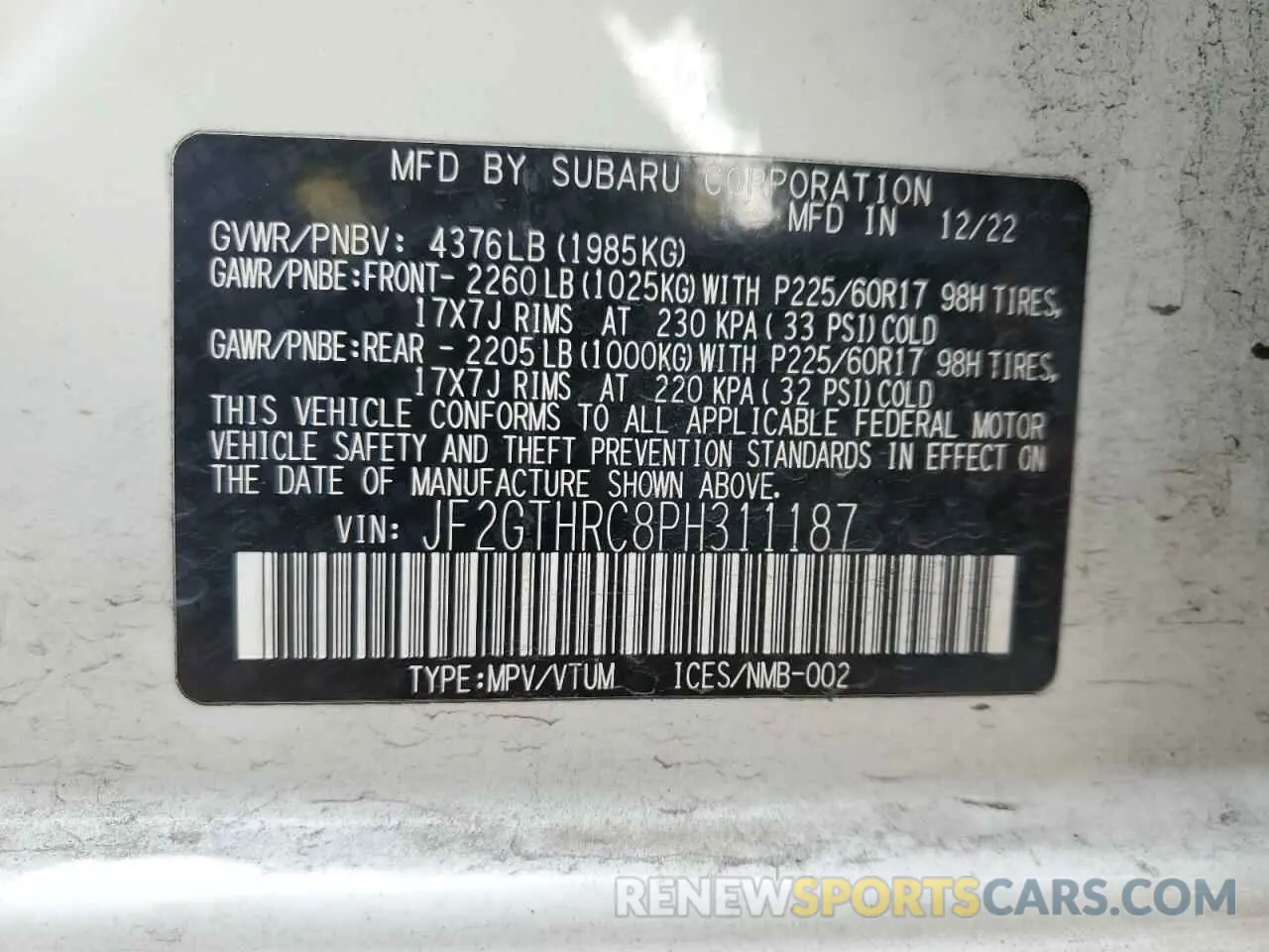 12 Photograph of a damaged car JF2GTHRC8PH311187 SUBARU CROSSTREK 2023