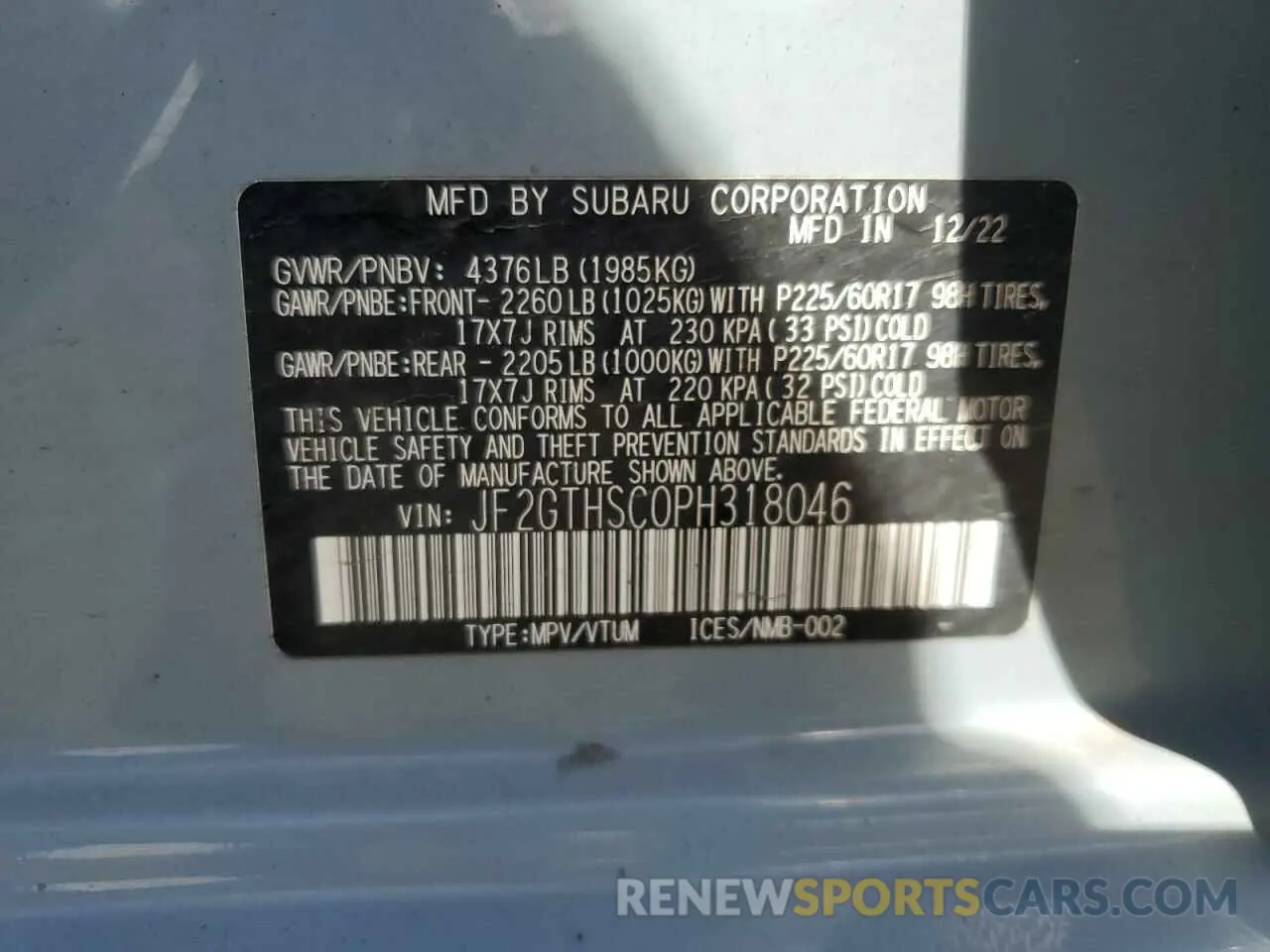 13 Фотография поврежденного автомобиля JF2GTHSC0PH318046 SUBARU CROSSTREK 2023