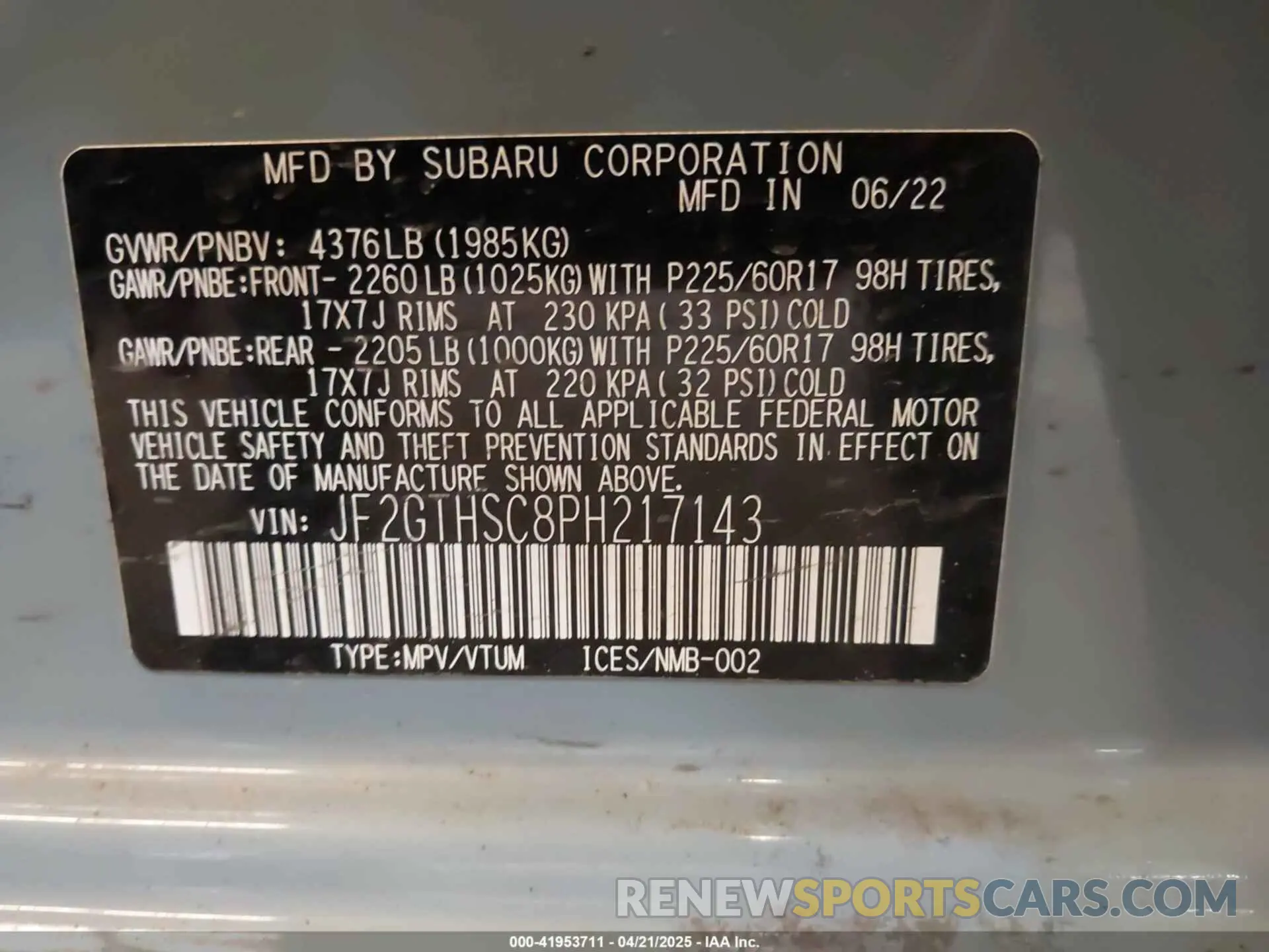 9 Photograph of a damaged car JF2GTHSC8PH217143 SUBARU CROSSTREK 2023