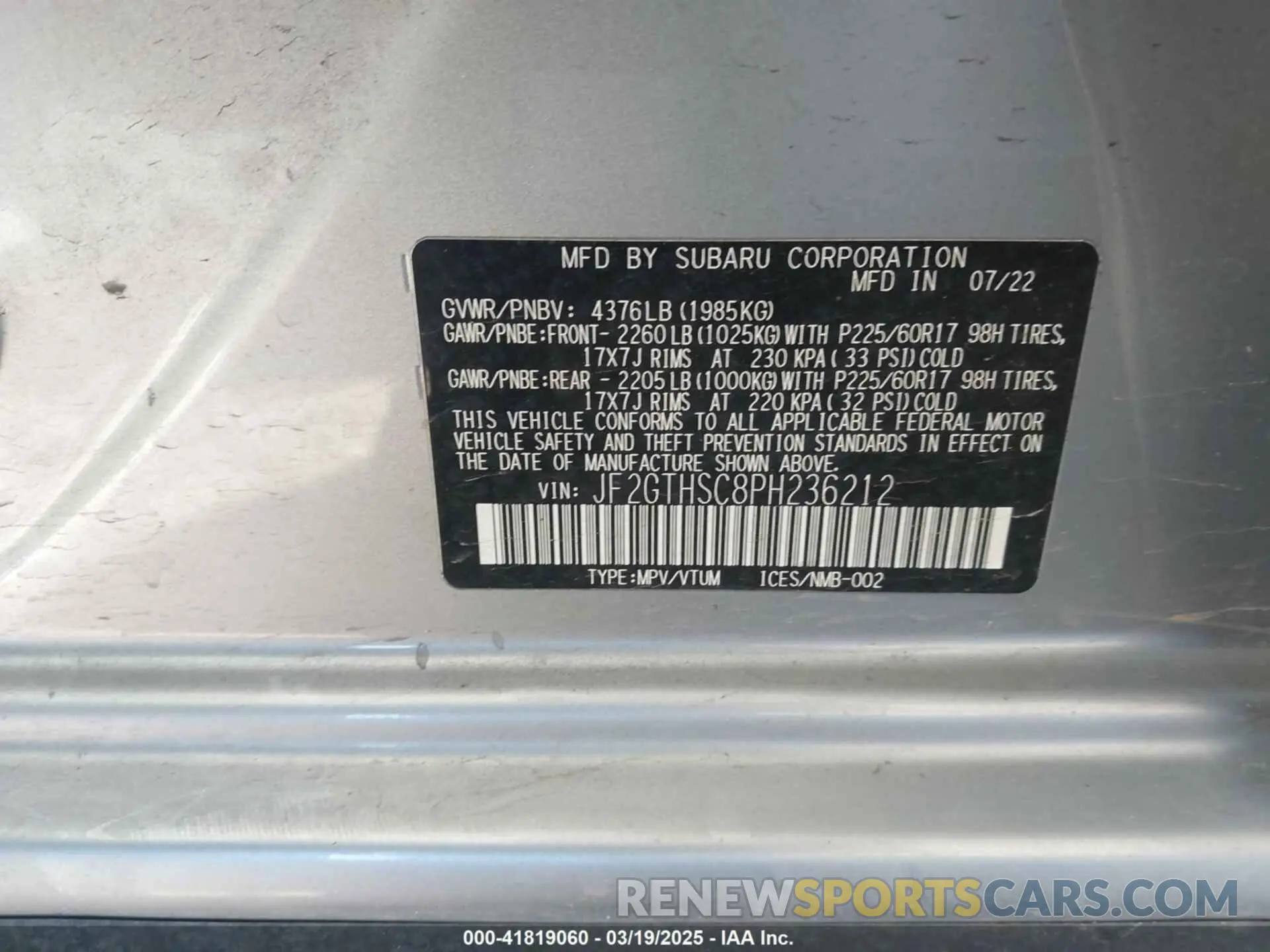 9 Фотография поврежденного автомобиля JF2GTHSC8PH236212 SUBARU CROSSTREK 2023