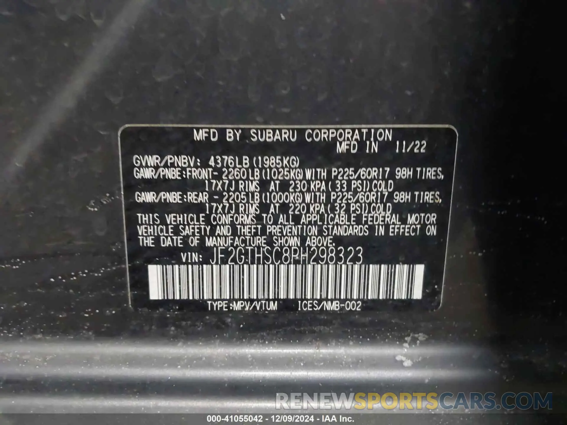 9 Photograph of a damaged car JF2GTHSC8PH298323 SUBARU CROSSTREK 2023