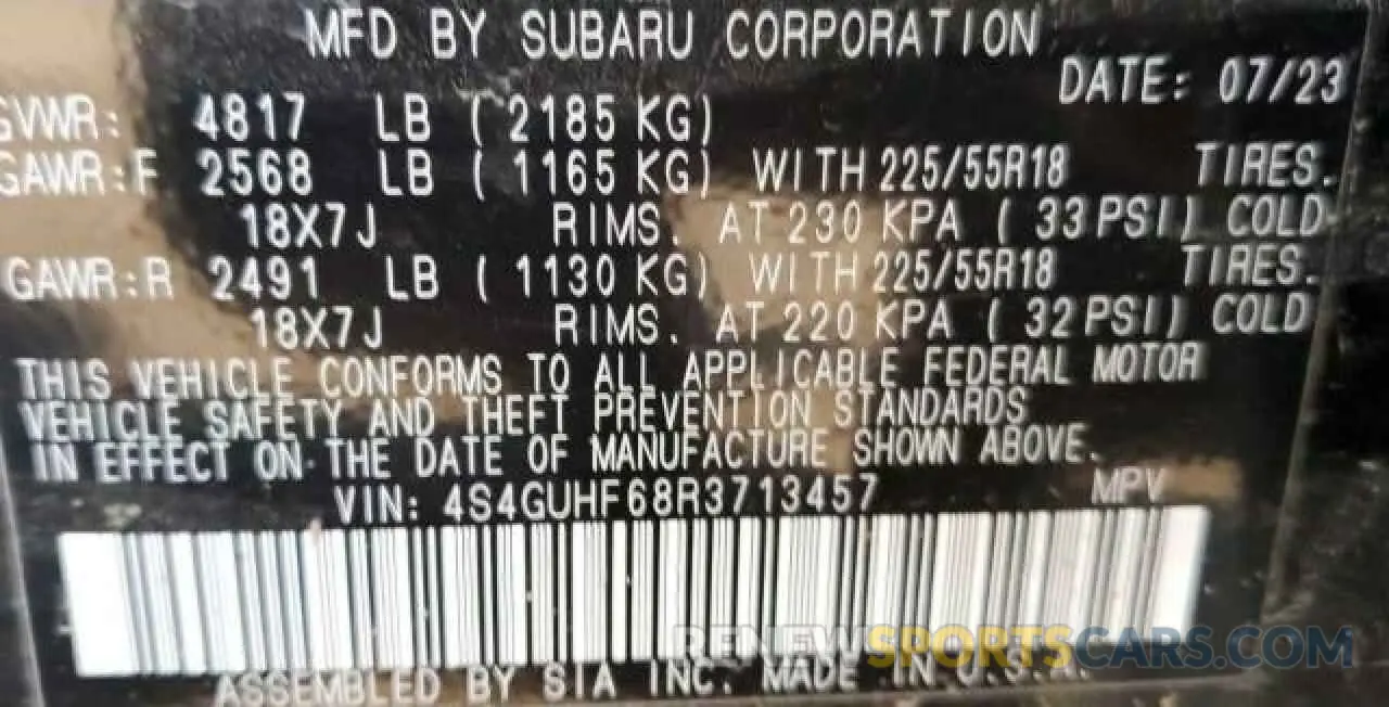 10 Photograph of a damaged car 4S4GUHF68R3713457 SUBARU CROSSTREK 2024
