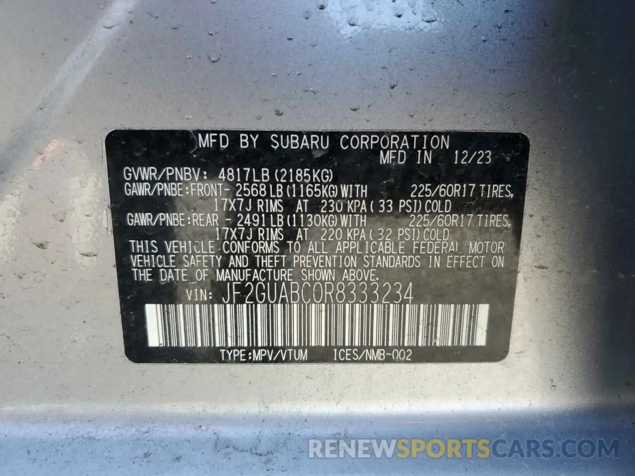 12 Photograph of a damaged car JF2GUABC0R8333234 SUBARU CROSSTREK 2024