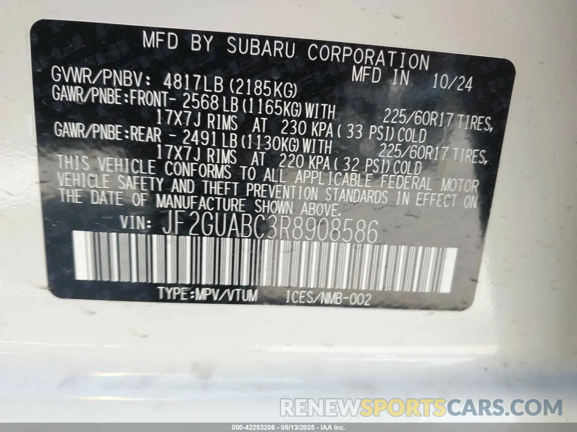 9 Photograph of a damaged car JF2GUABC3R8908586 SUBARU CROSSTREK 2024