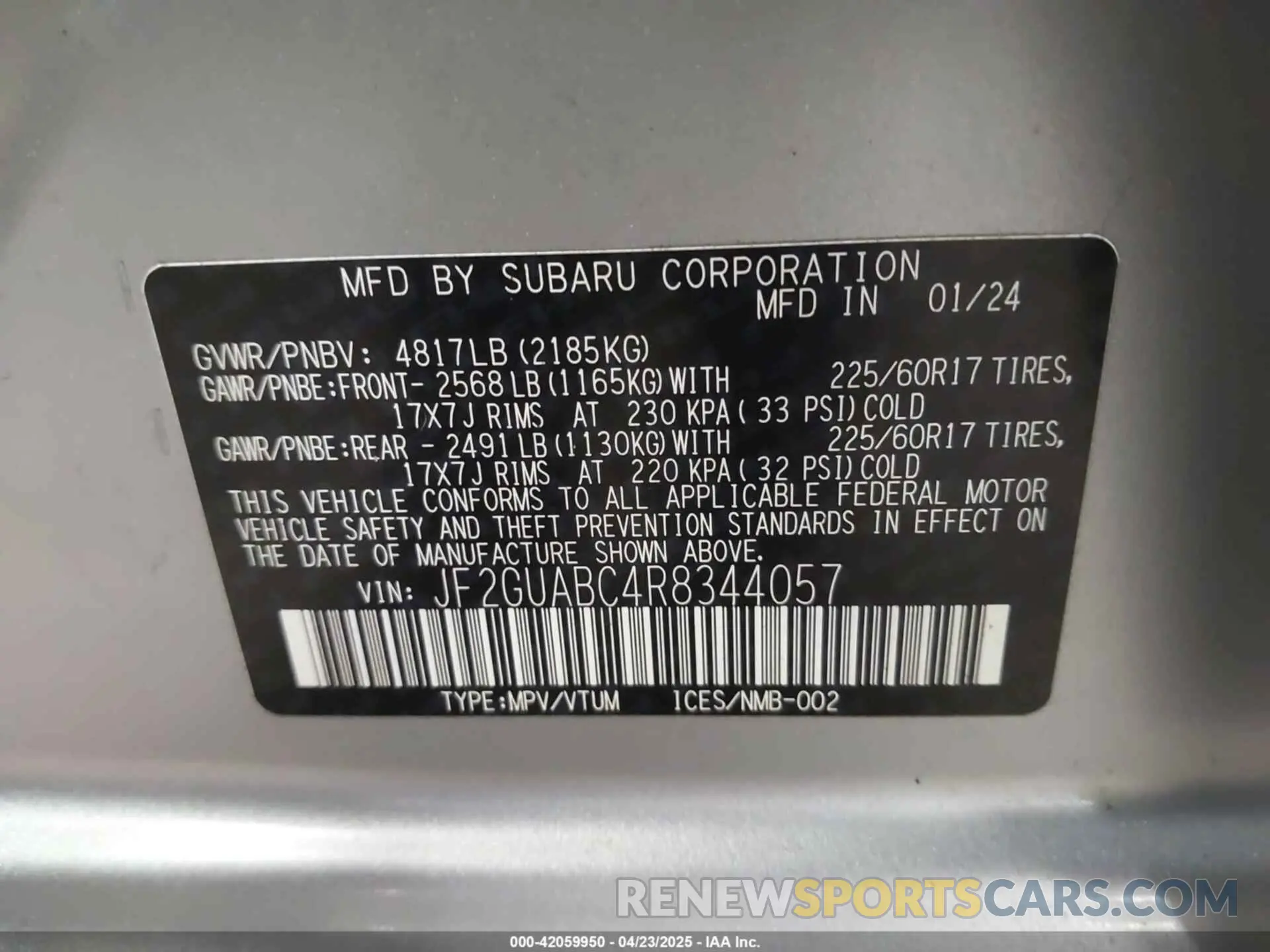 9 Фотография поврежденного автомобиля JF2GUABC4R8344057 SUBARU CROSSTREK 2024