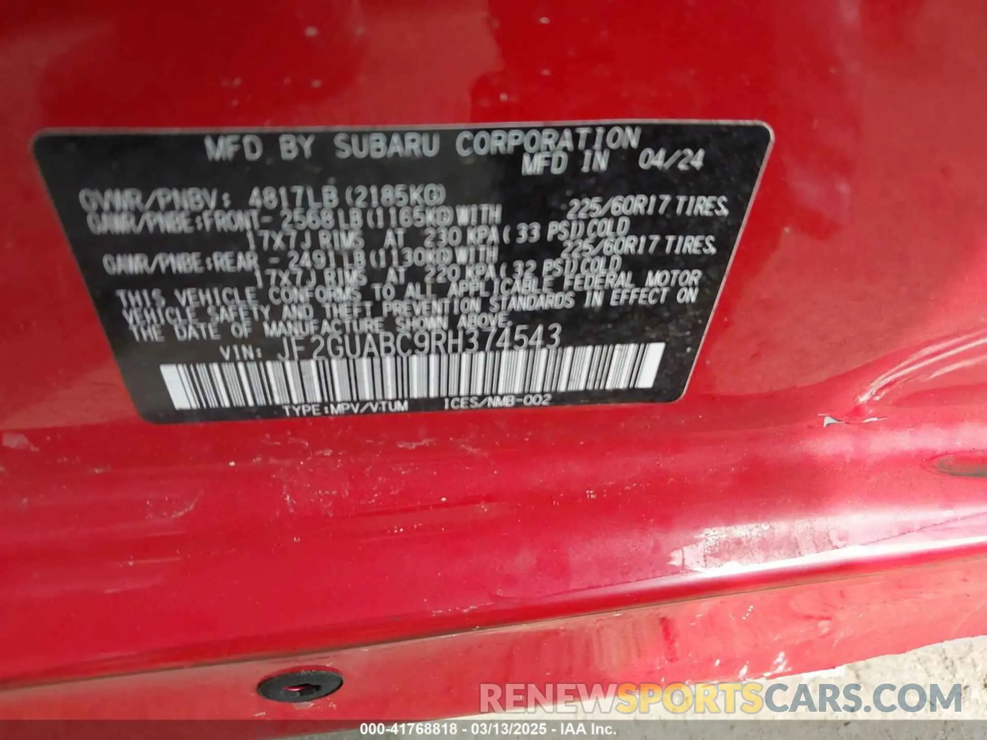 9 Photograph of a damaged car JF2GUABC9RH374543 SUBARU CROSSTREK 2024
