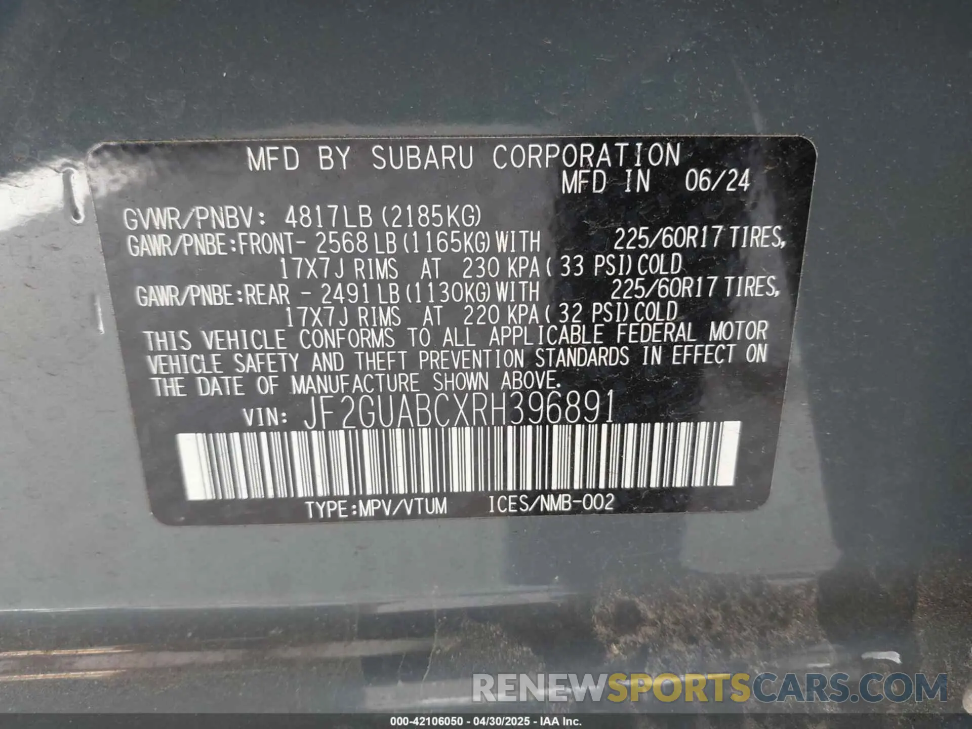 9 Фотография поврежденного автомобиля JF2GUABCXRH396891 SUBARU CROSSTREK 2024