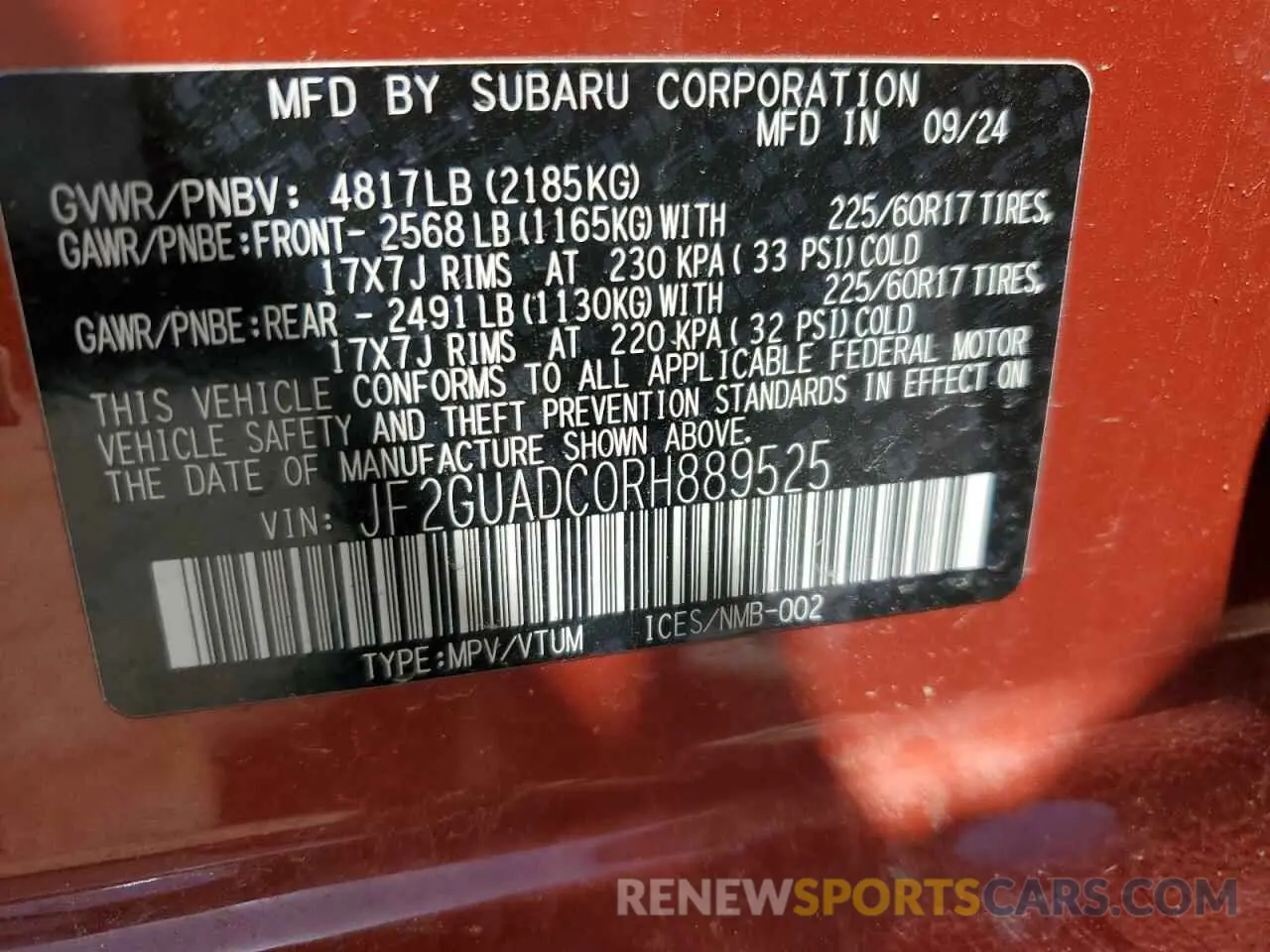 14 Photograph of a damaged car JF2GUADC0RH889525 SUBARU CROSSTREK 2024