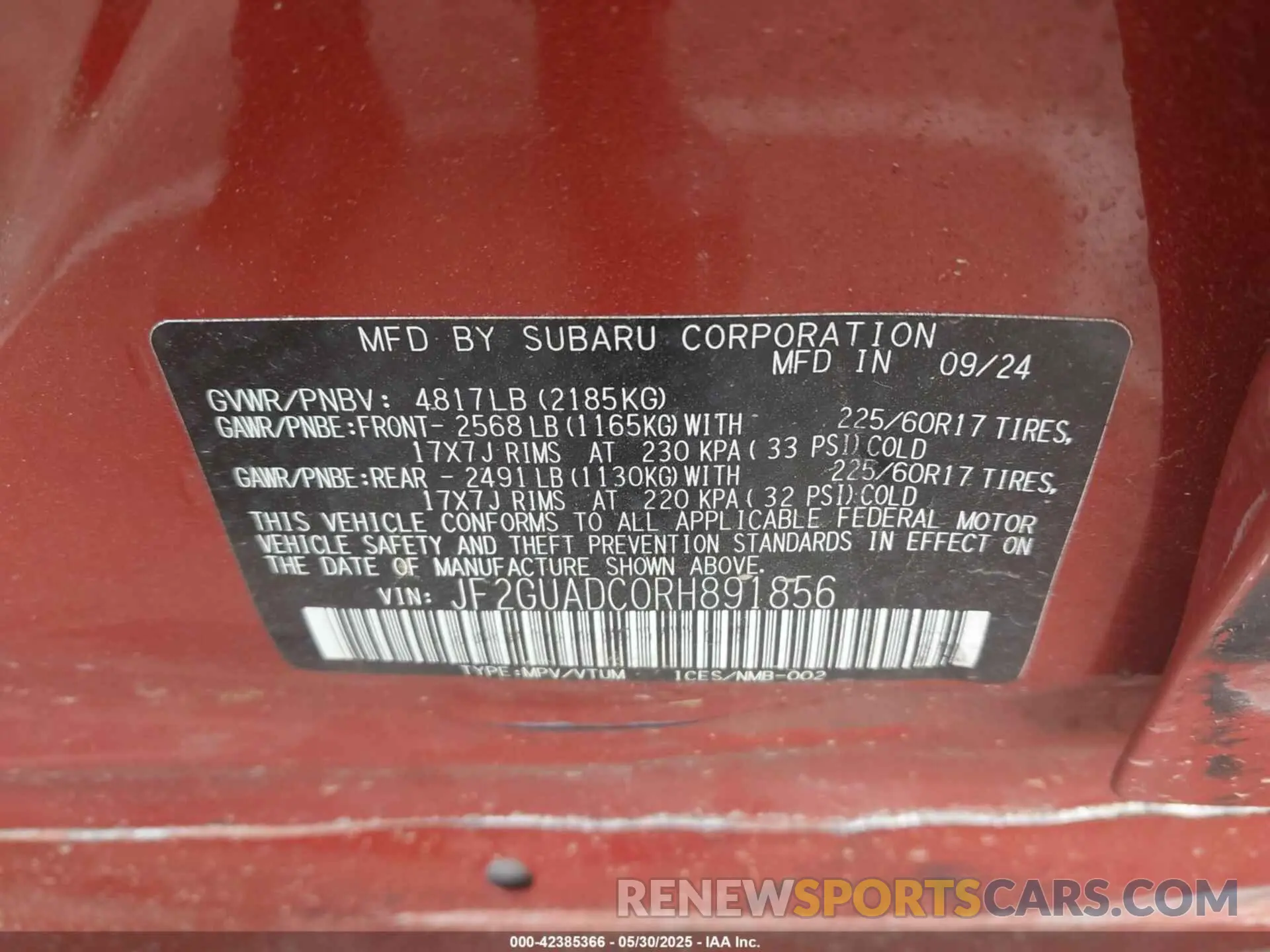 9 Photograph of a damaged car JF2GUADC0RH891856 SUBARU CROSSTREK 2024