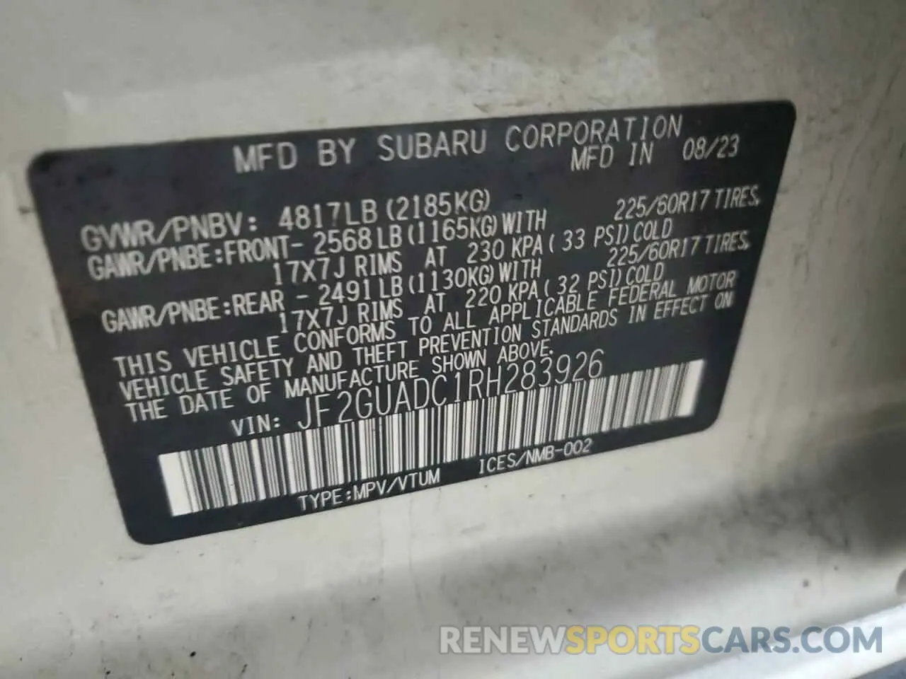 13 Фотография поврежденного автомобиля JF2GUADC1RH283926 SUBARU CROSSTREK 2024