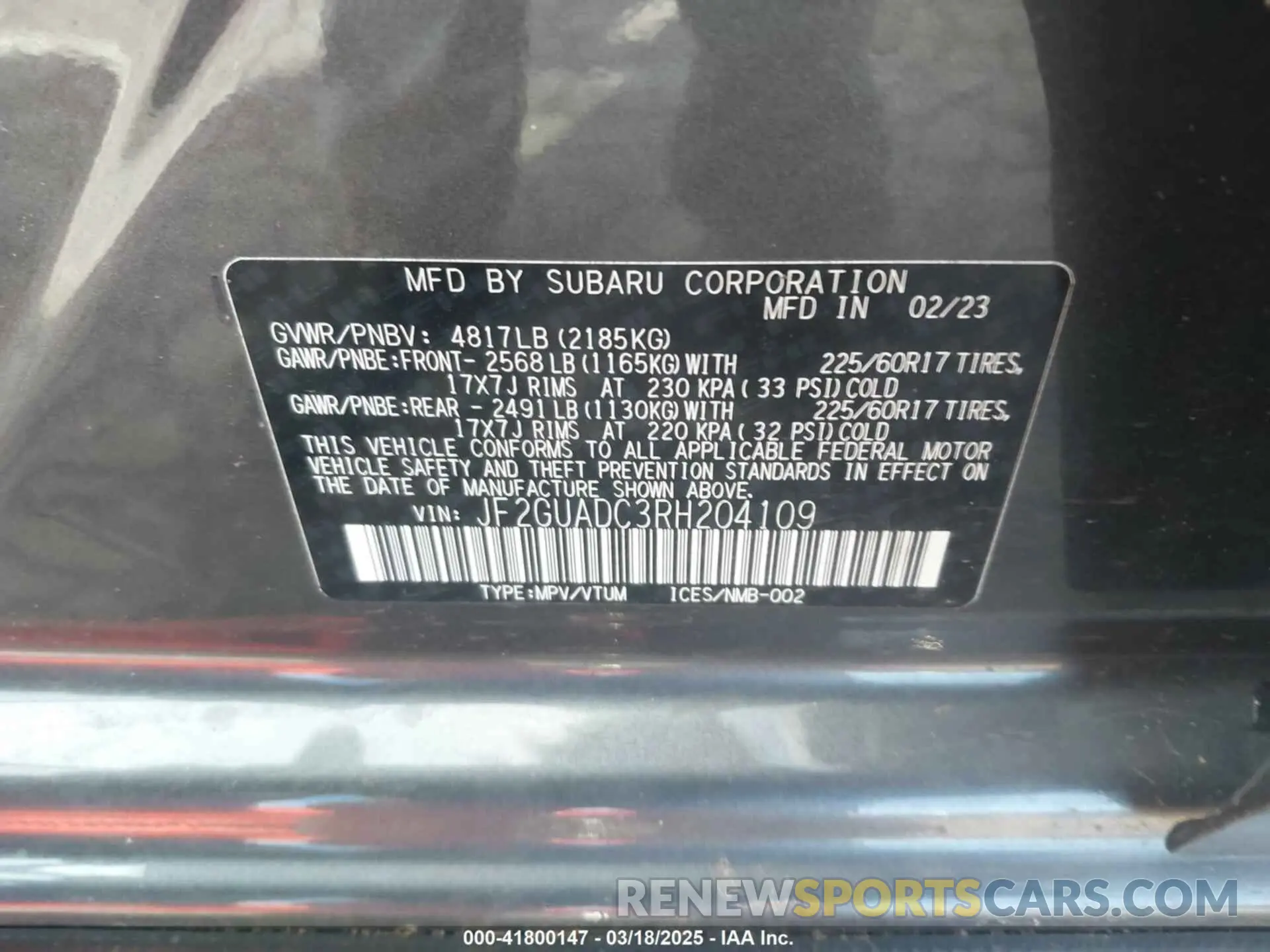 9 Фотография поврежденного автомобиля JF2GUADC3RH204109 SUBARU CROSSTREK 2024