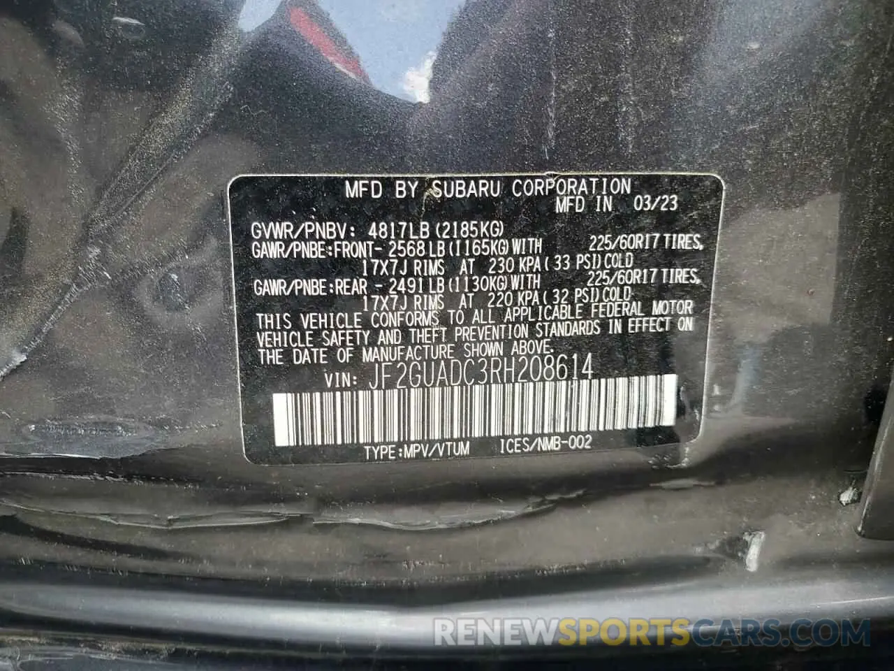 13 Фотография поврежденного автомобиля JF2GUADC3RH208614 SUBARU CROSSTREK 2024