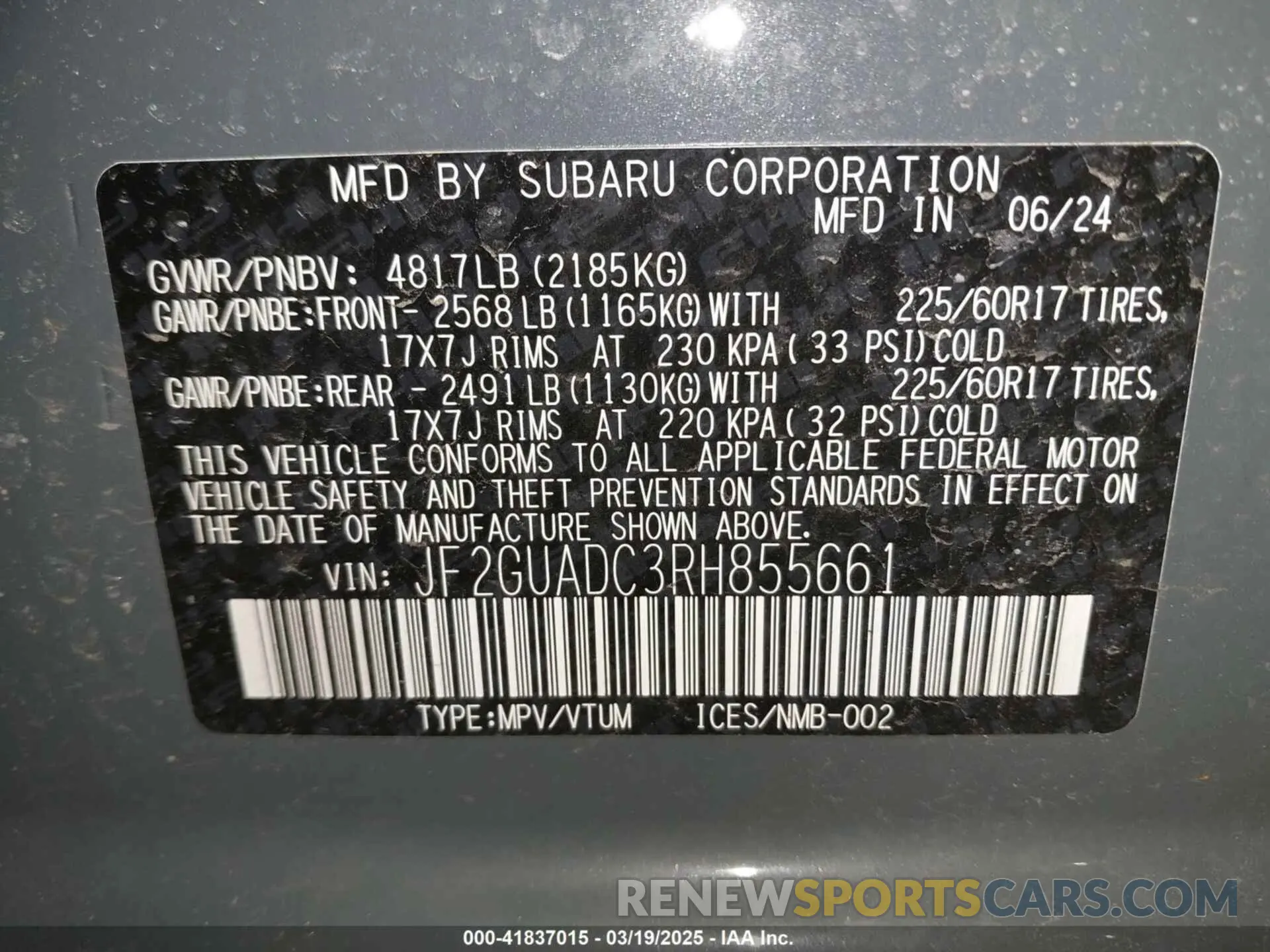 9 Фотография поврежденного автомобиля JF2GUADC3RH855661 SUBARU CROSSTREK 2024